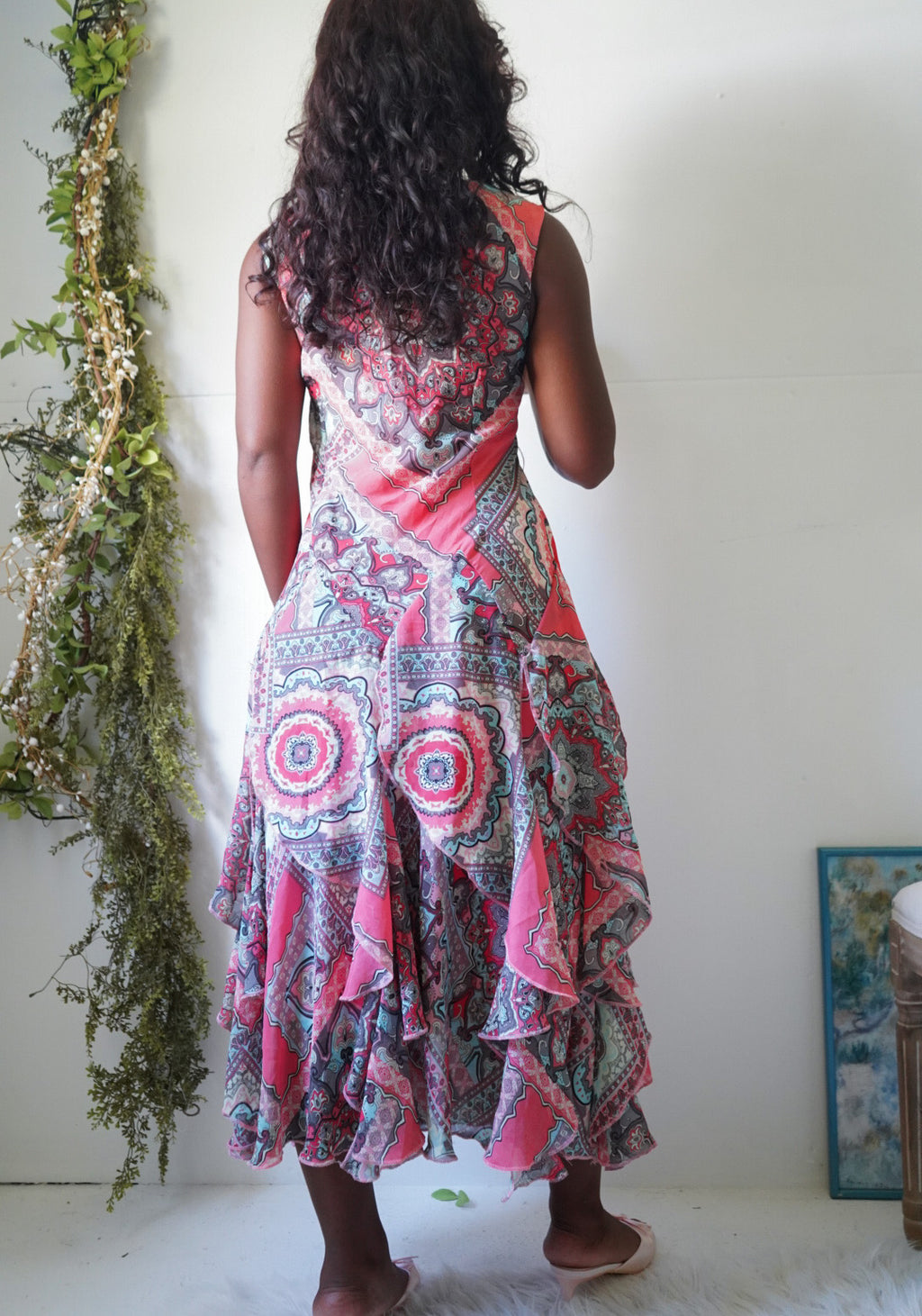 Y2K Bright Coral Paisley Midi Dress