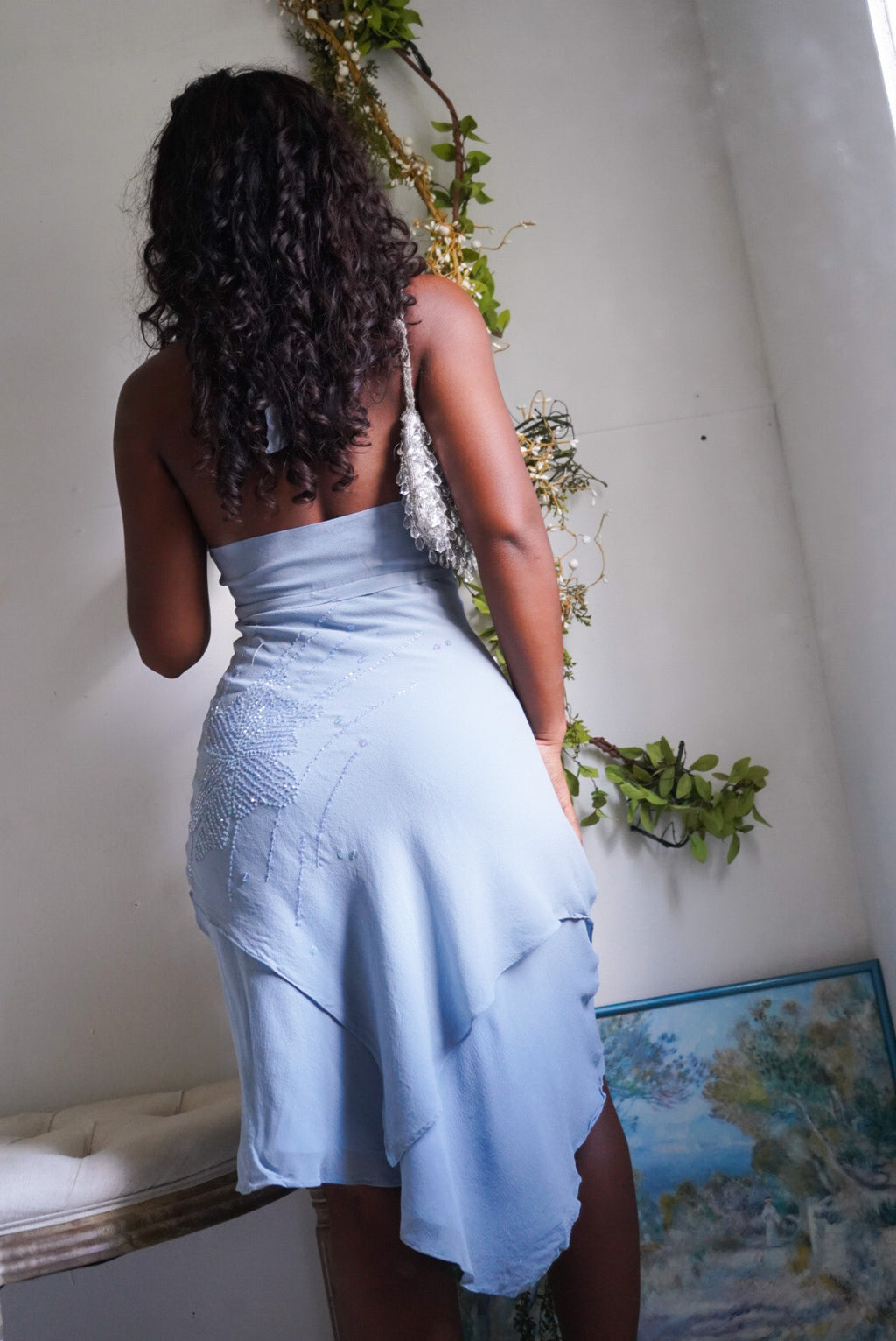 Vintage Y2K Pale Dusty Blue Silk Beaded Halter Dress