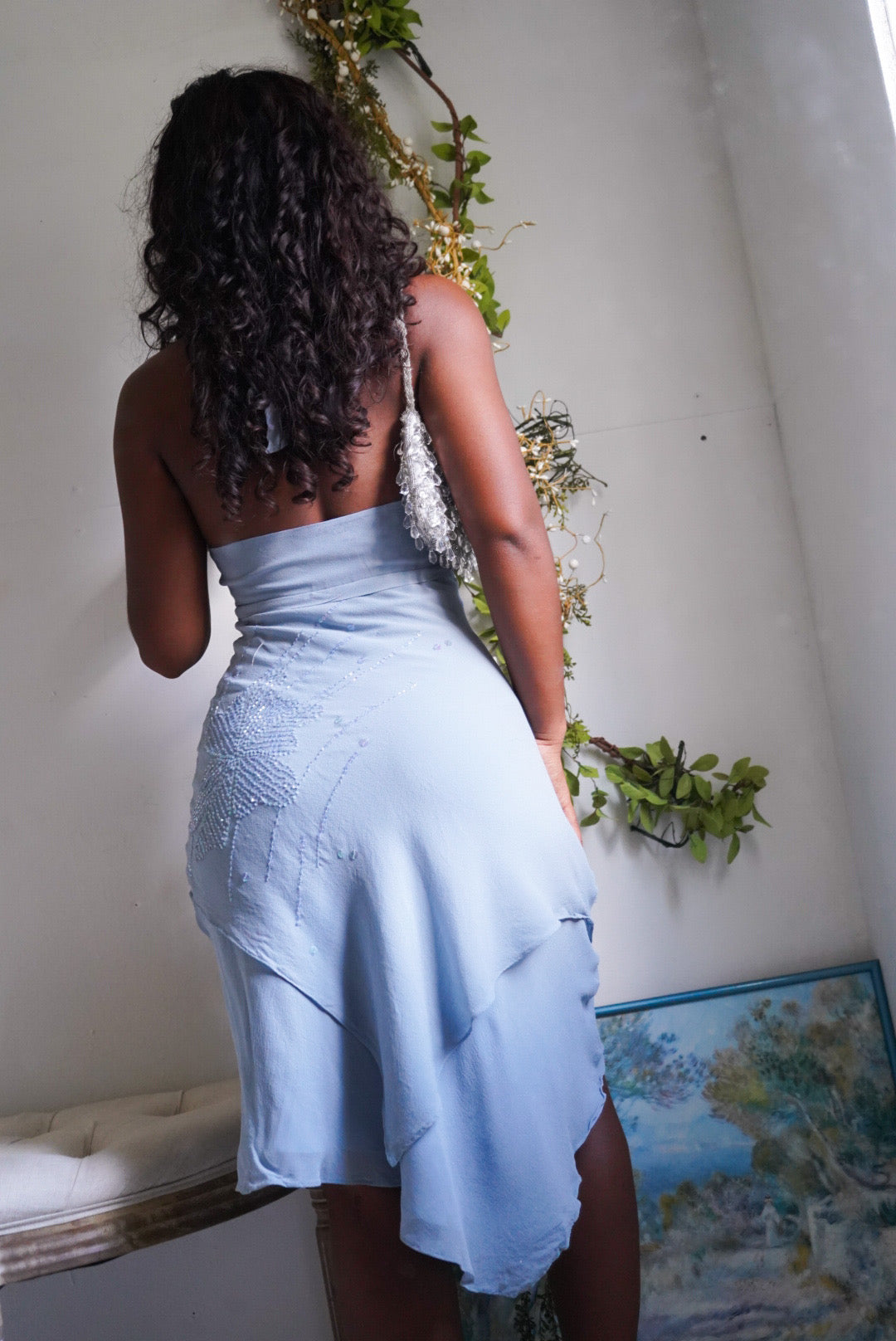 Vintage Y2K Pale Dusty Blue Silk Beaded Halter Dress