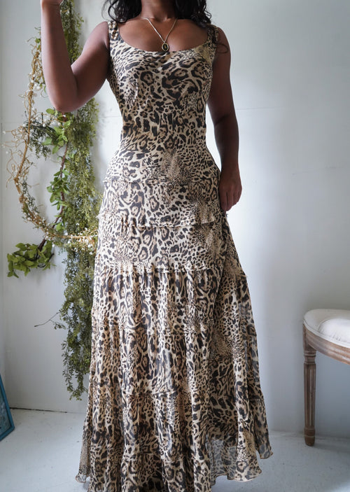 Y2K Animal Print Maxi Dress with Tiered Skirt