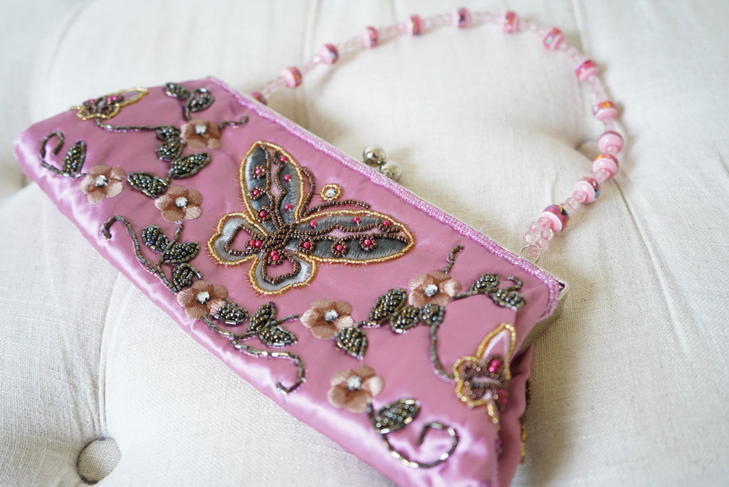 Pink Satin Beaded Butterfly Purse
