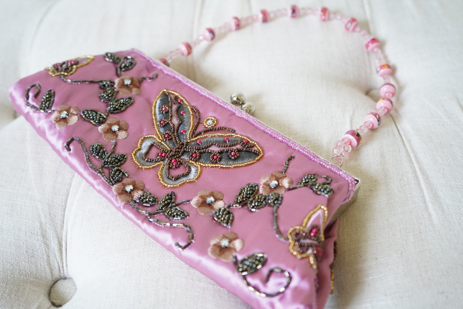 Pink Satin Beaded Butterfly Purse