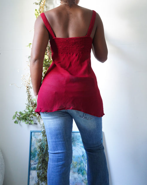 Y2K Maroon Boho Lace Up Detail Top