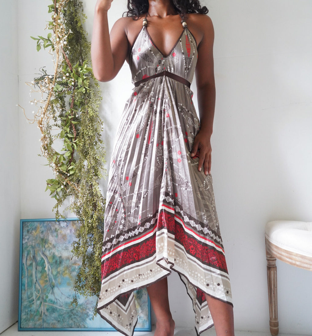 Rare Y2K Boho Halter Satin Pleat Scarf Dress