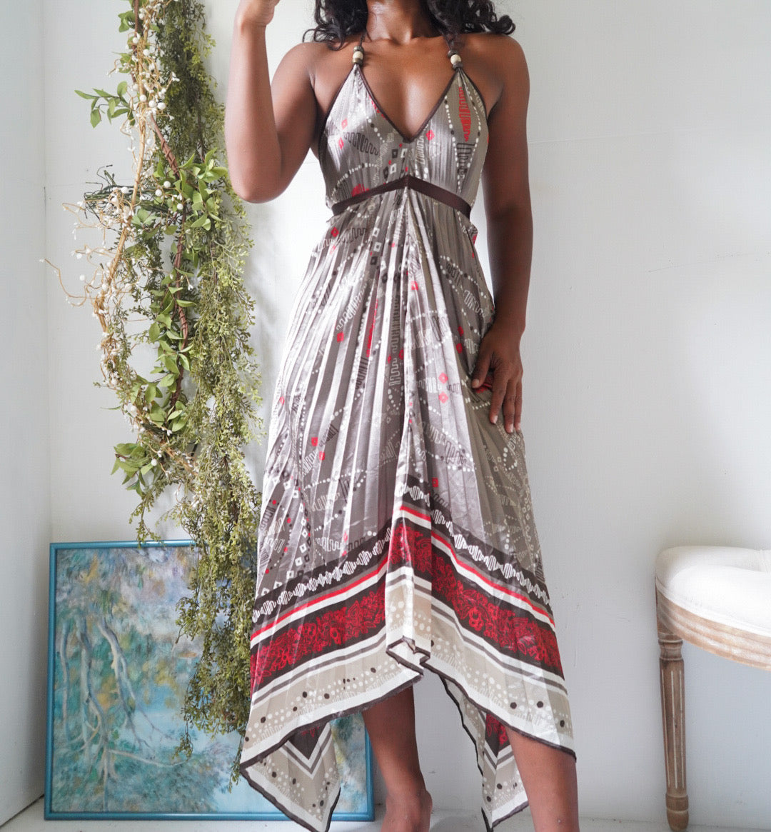 Rare Y2K Boho Halter Satin Pleat Scarf Dress