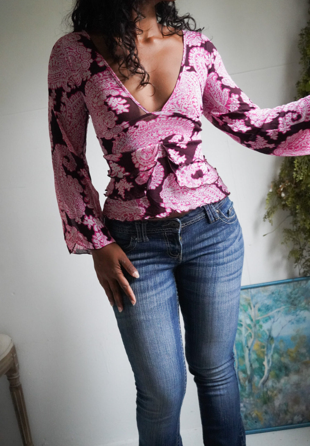 Y2K Purple Paisley Mesh Flare Sleeve Top