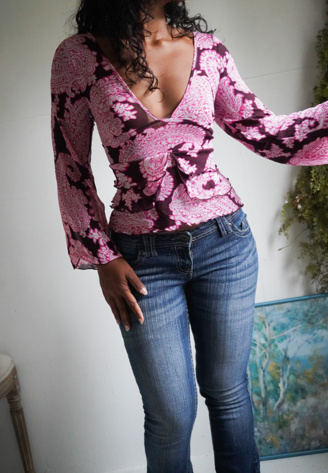 Y2K Purple Paisley Mesh Flare Sleeve Top