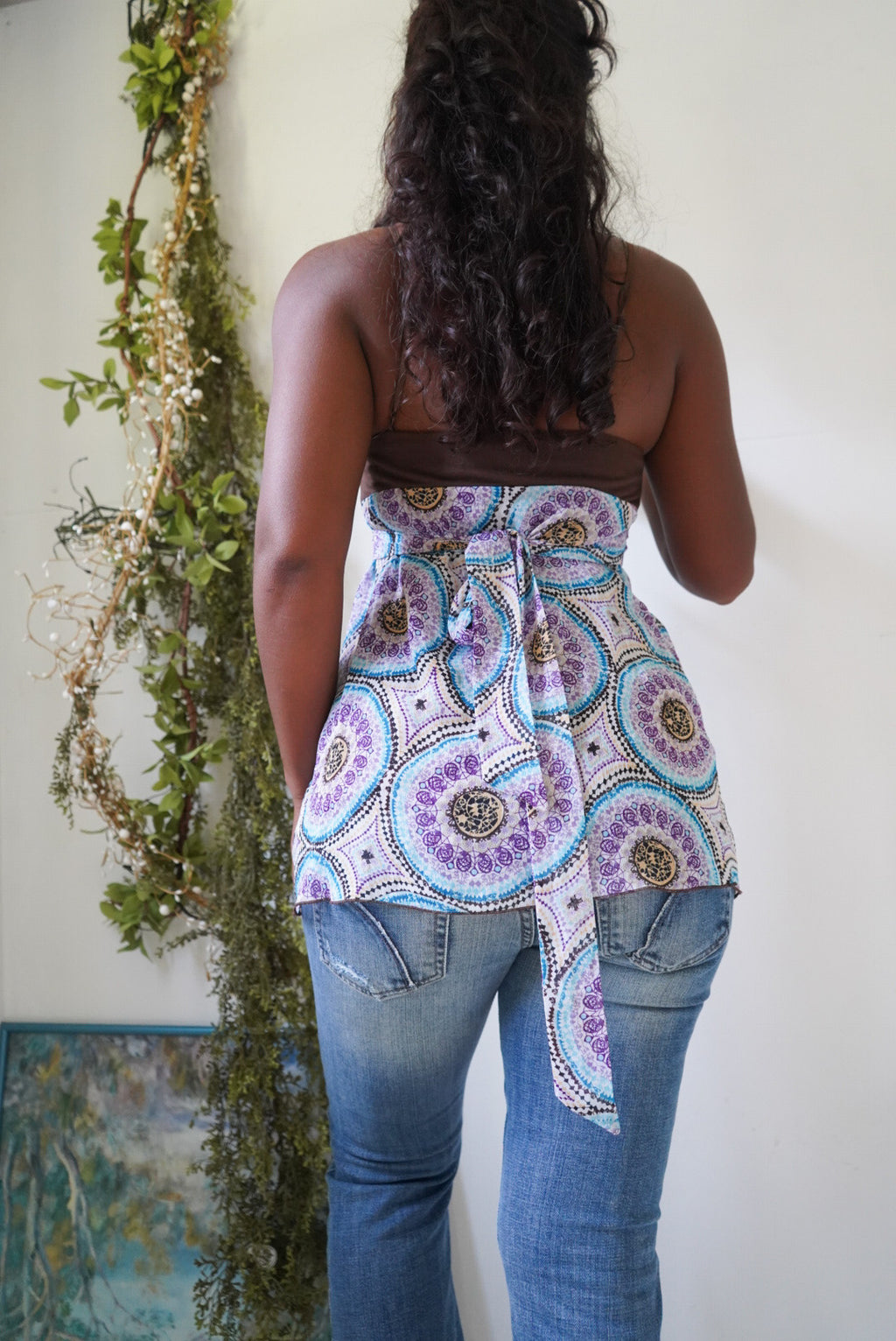 Y2K Boho Babydoll Tie Back Top