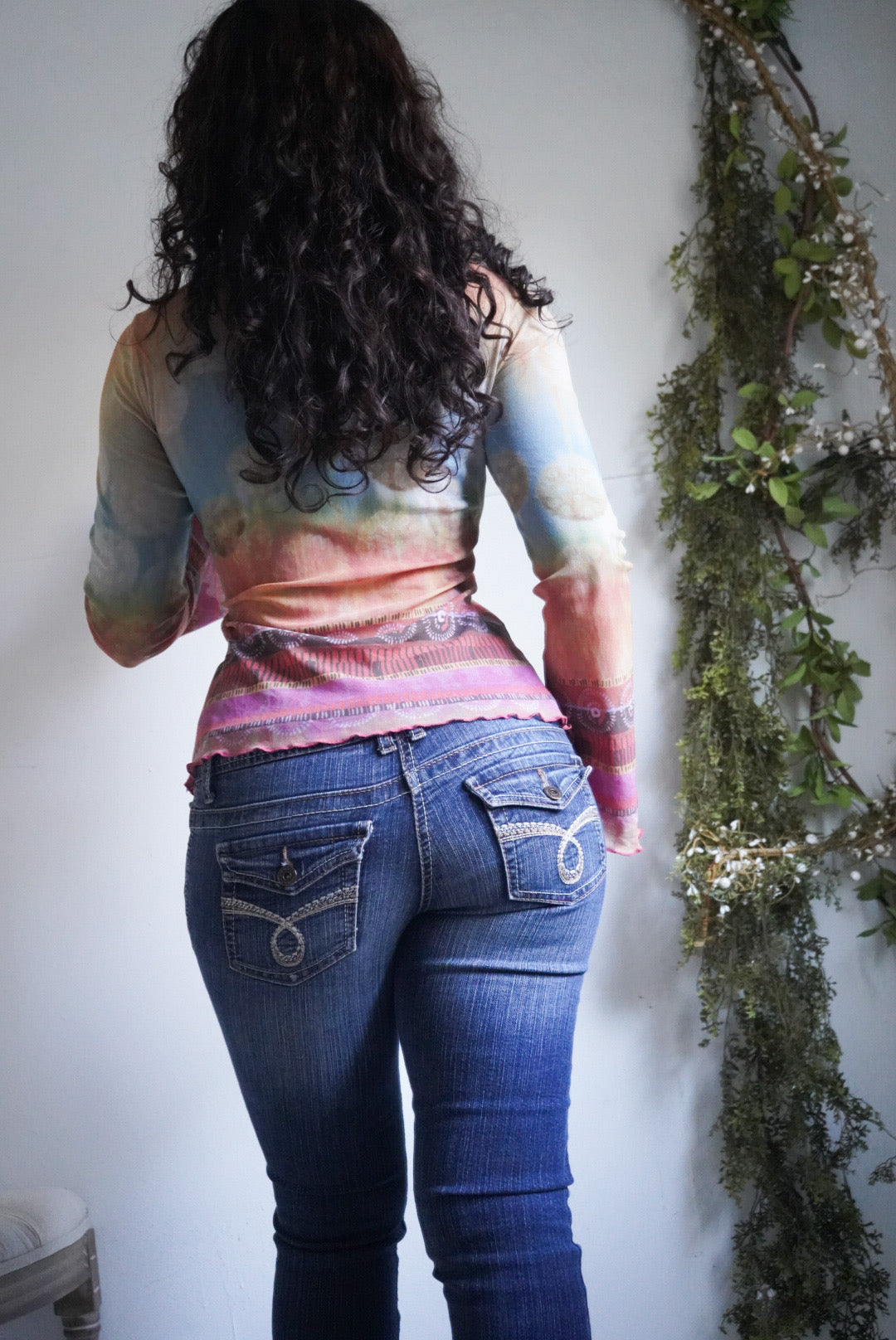 Rare Y2K Pastel Boho Mesh Flare Sleeve Top