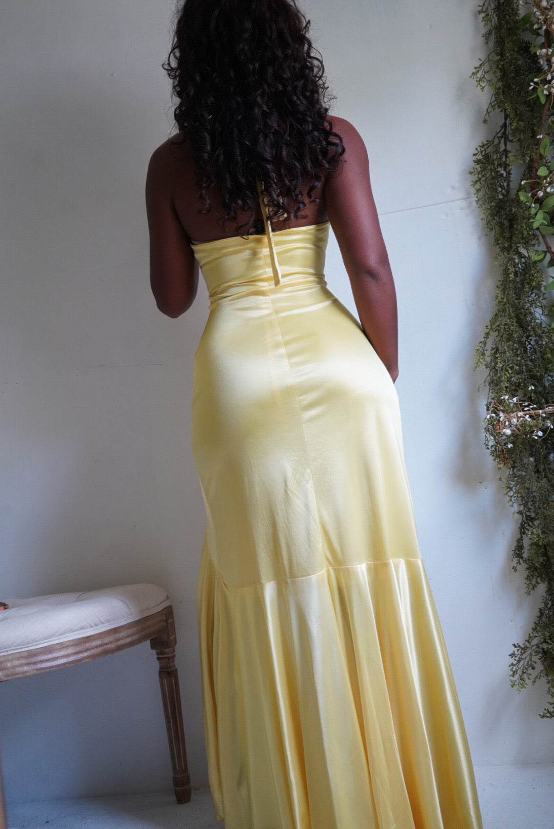 Y2K Stretch Satin Butter Yellow High Low Halter Dress
