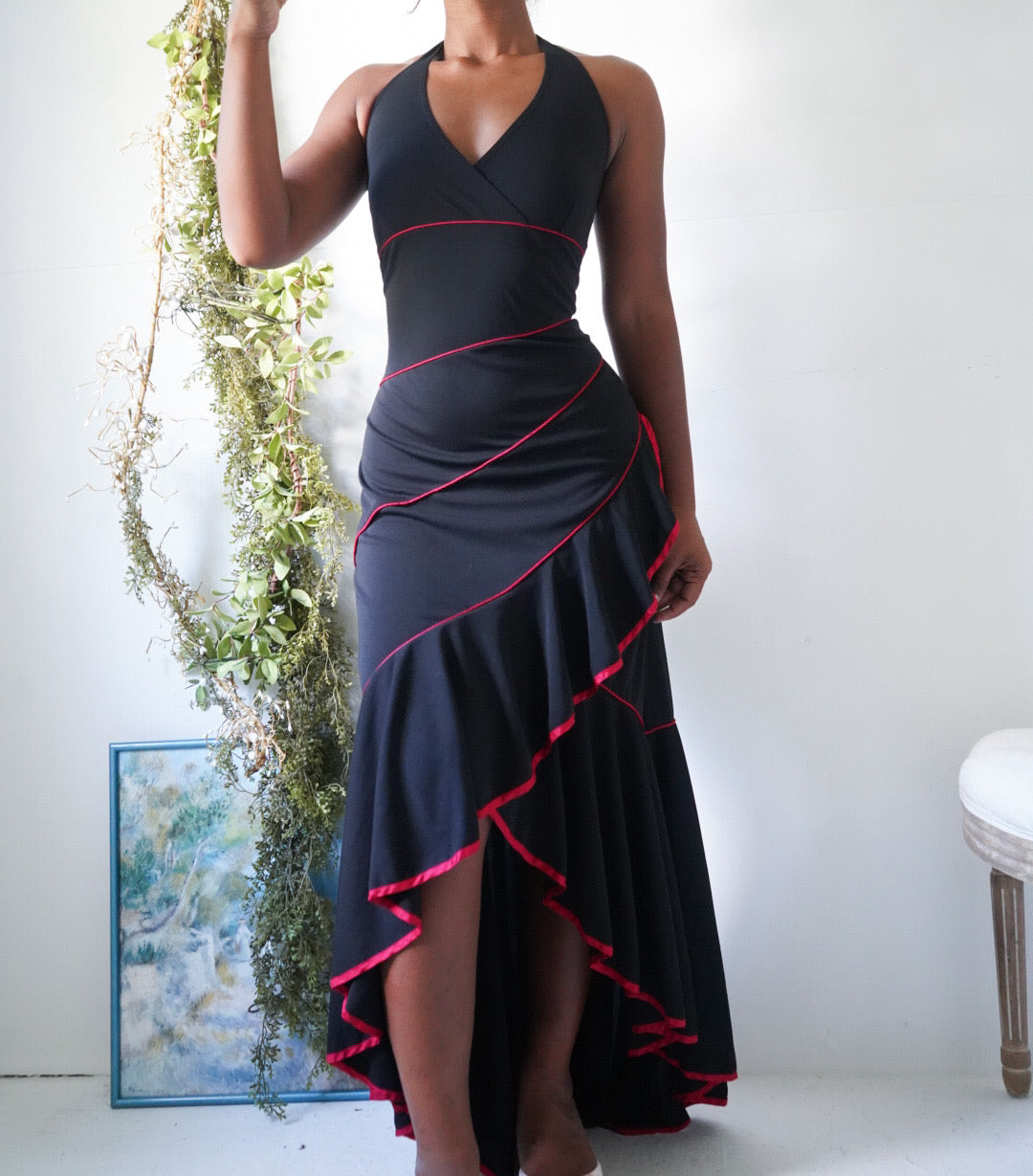 Halter High Low Dress with Red Trims