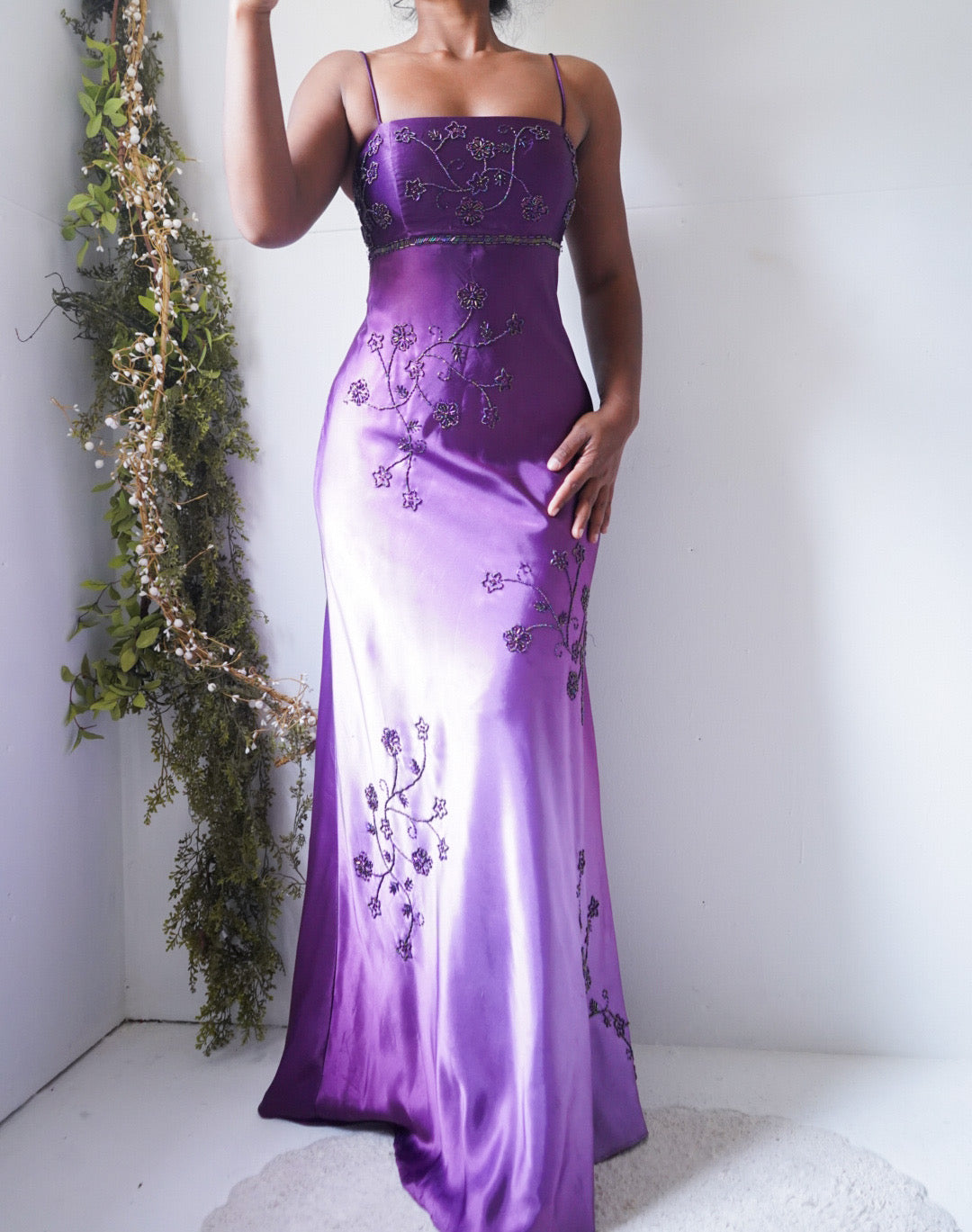 Rare Vintage Y2K Ombre Purple Beaded Satin Gown
