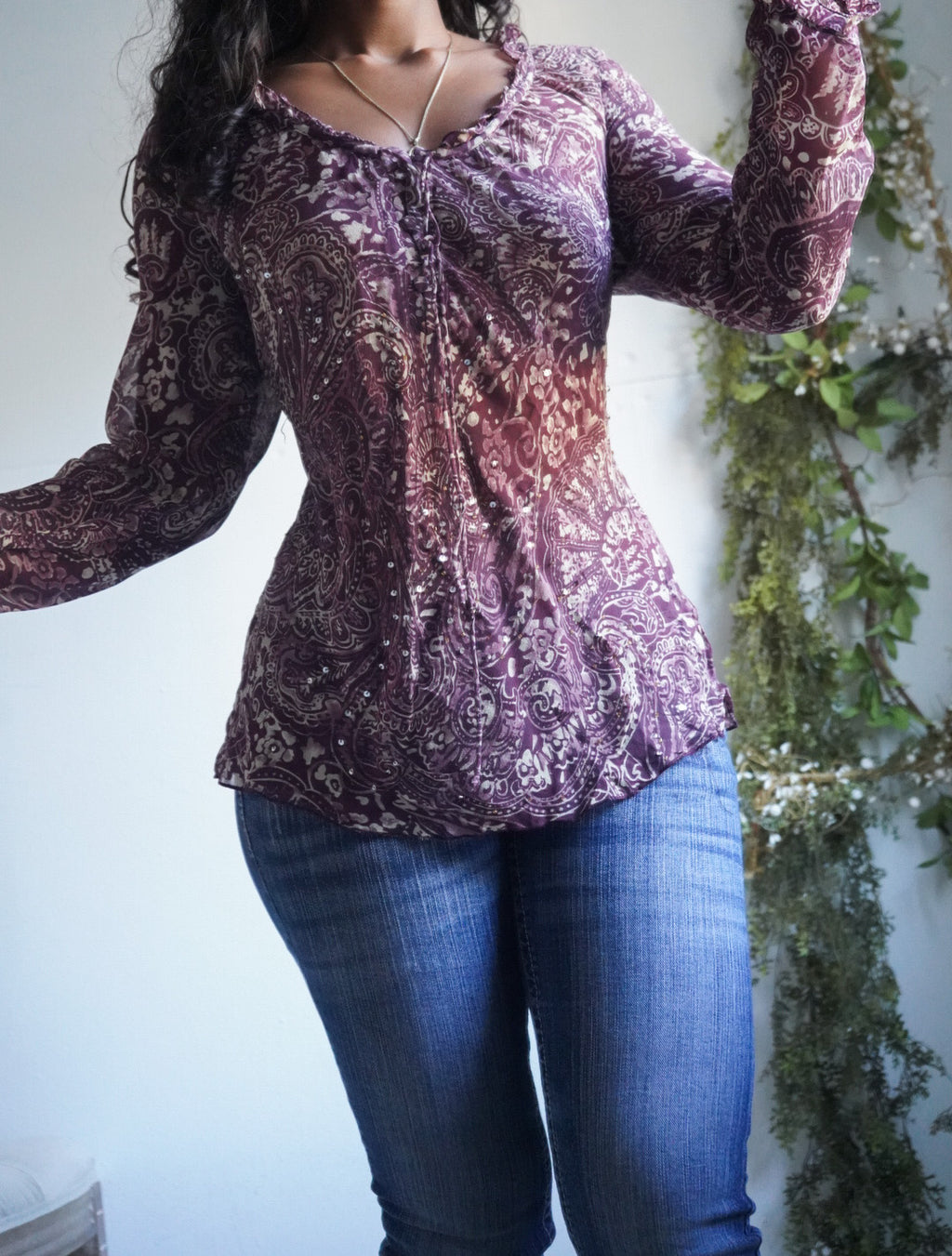 Y2K Maroon Cream Paisley Silk Sheer Peasant Top