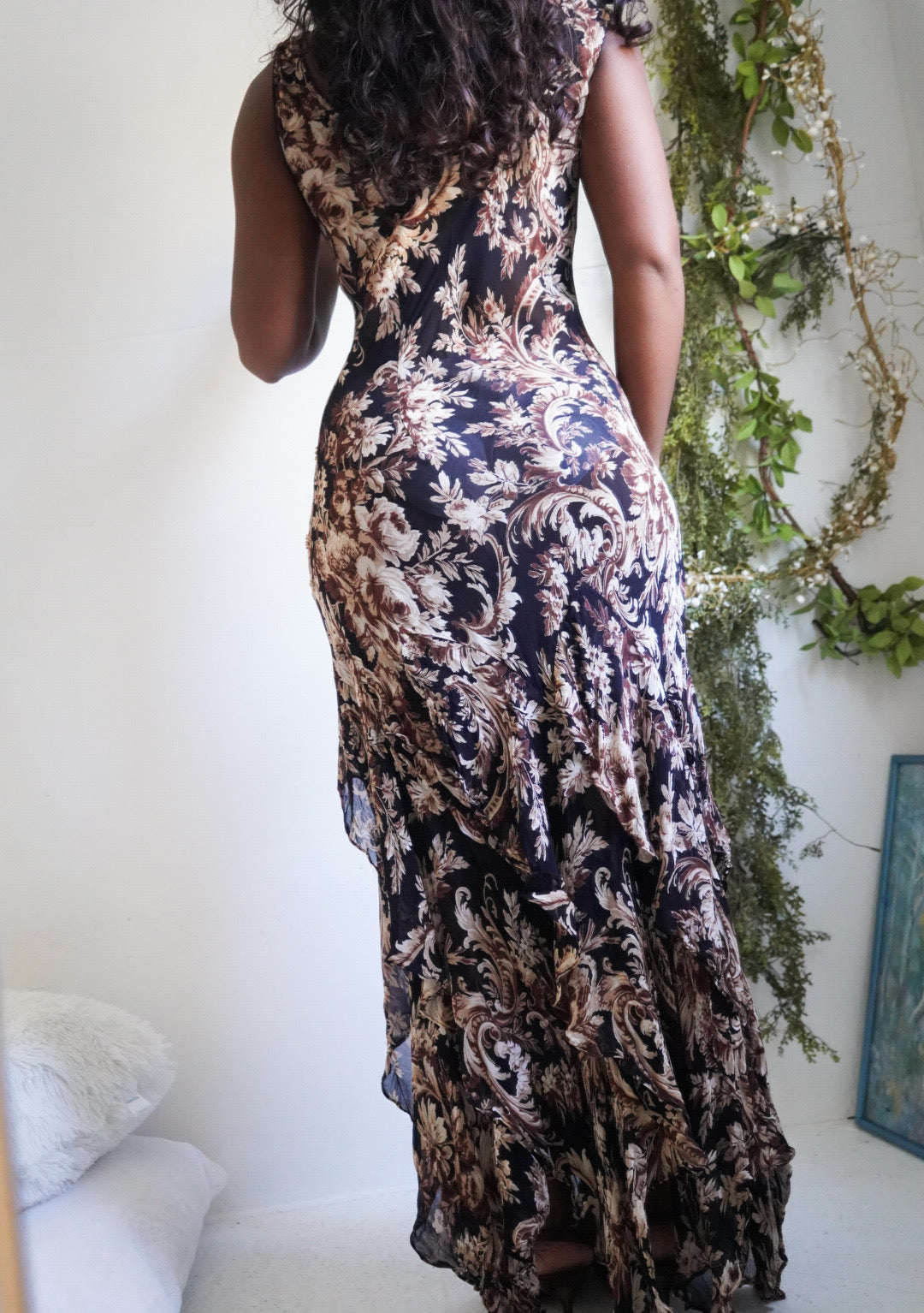 Y2K Fall Floral Ruffle Hem Maxi Dress
