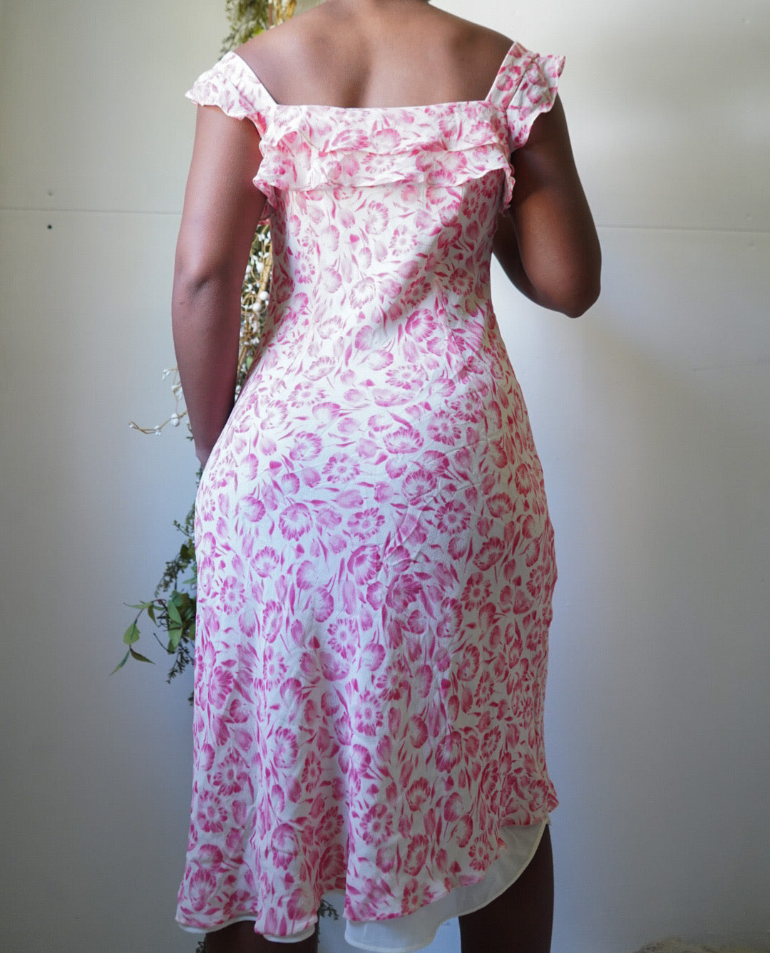 Vintage Y2K Cream and Pink Silk Floral Dress