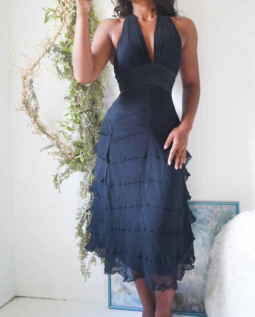 Y2K Silk Chiffon Black Cocktail Dress