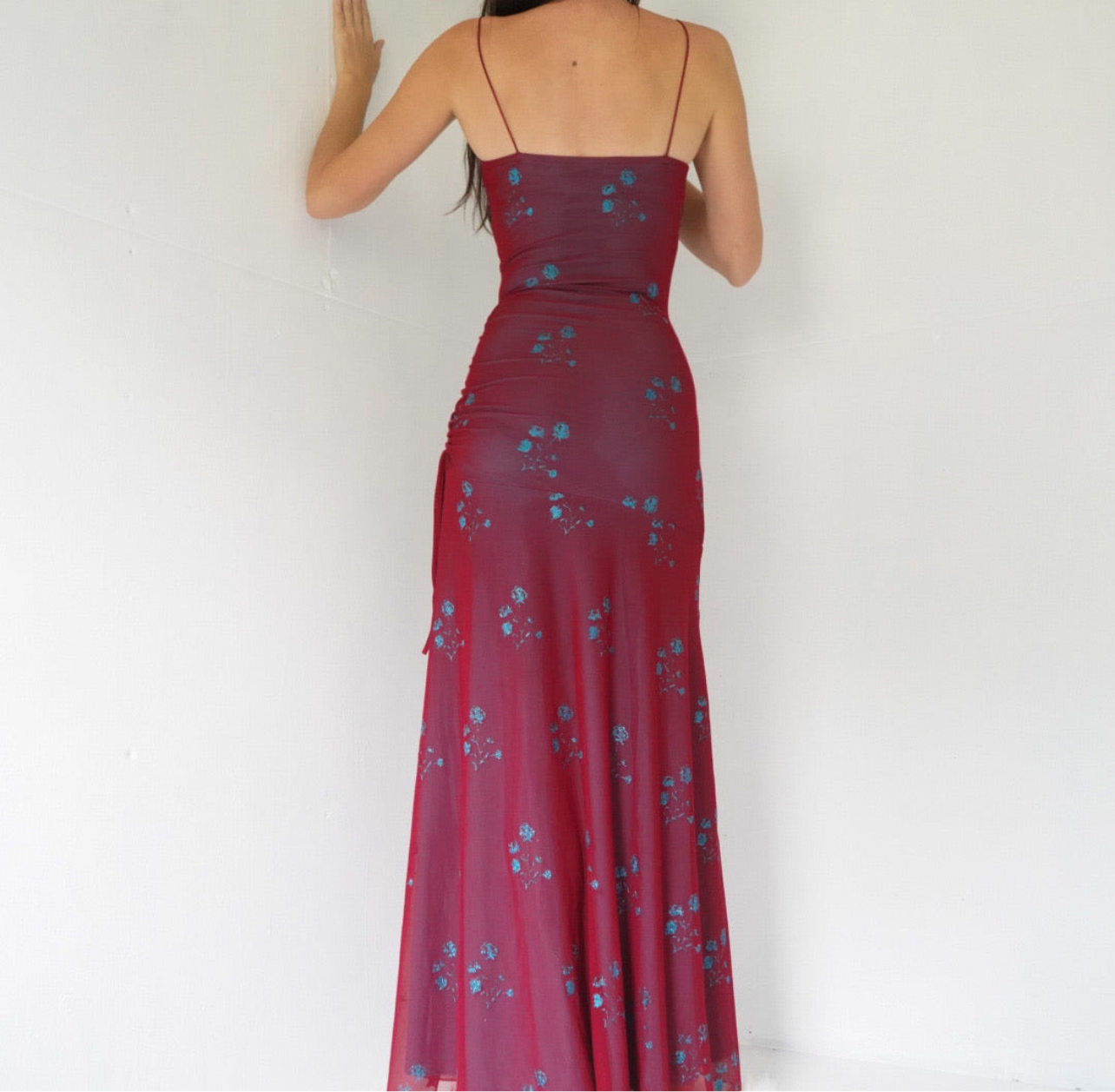 Turquoise and Red Layered Glitter Floral Gown