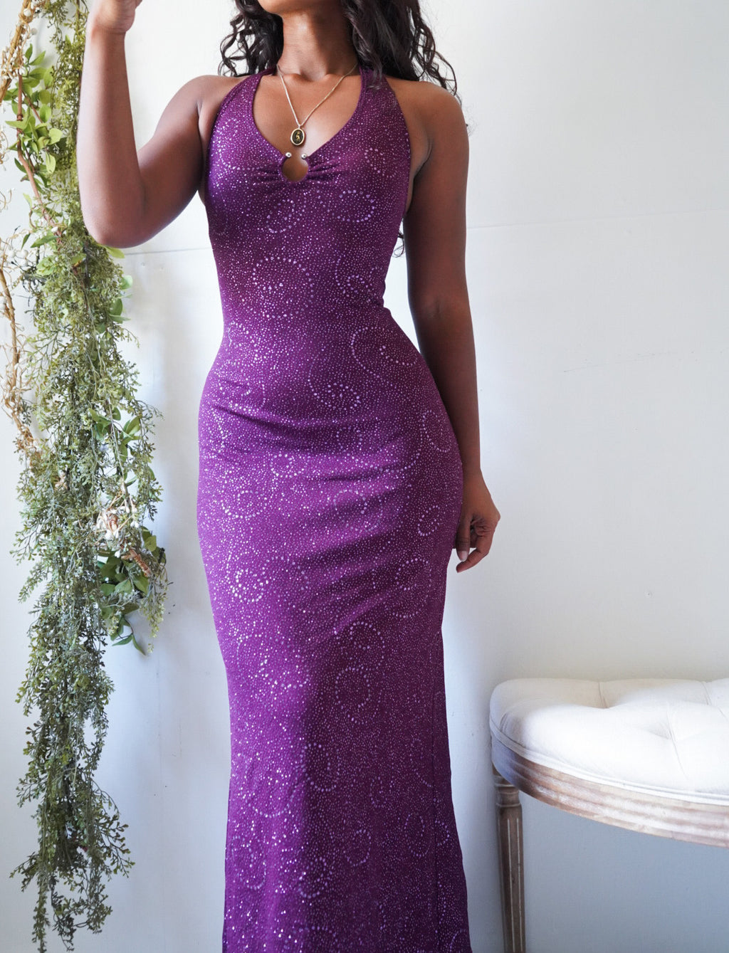 Y2K Purple Glitter Halter Gown