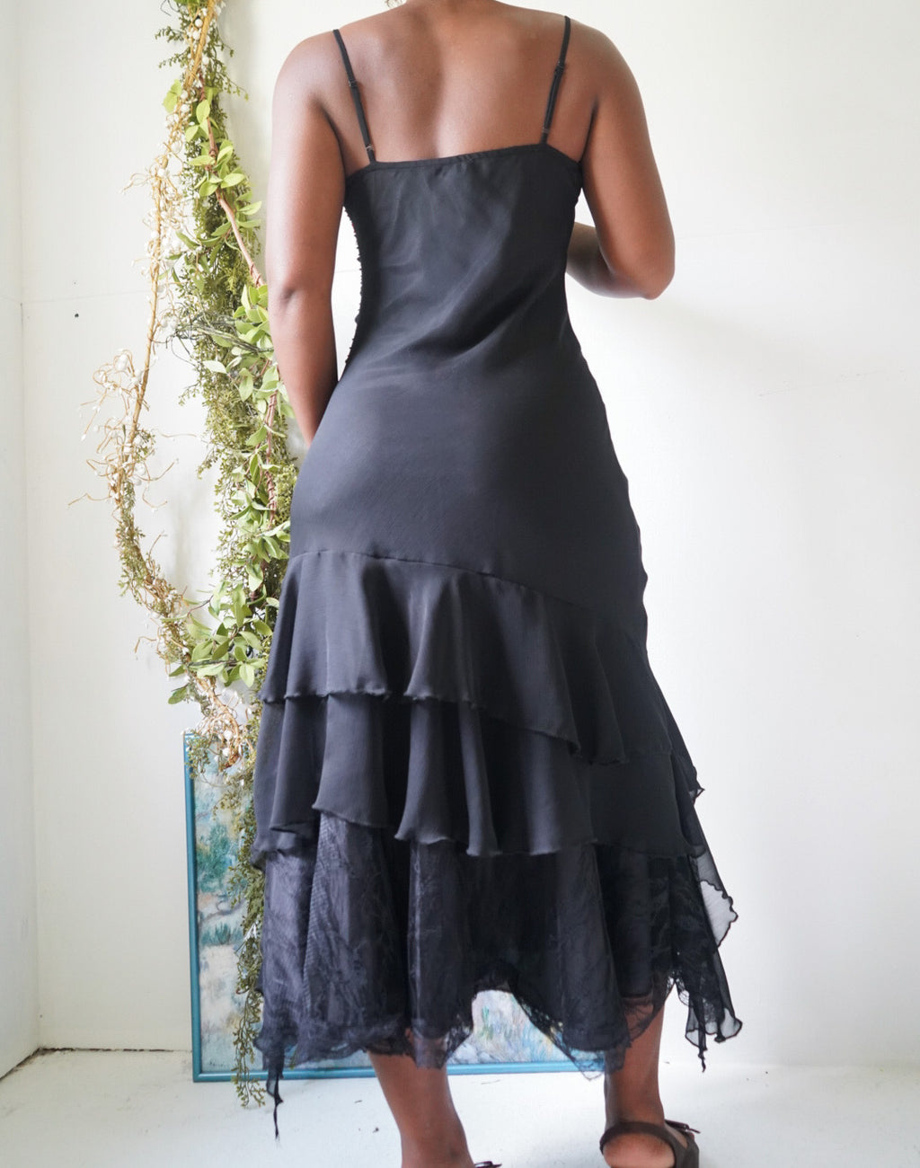 Y2K Black Beaded Ruffle Hem Dress