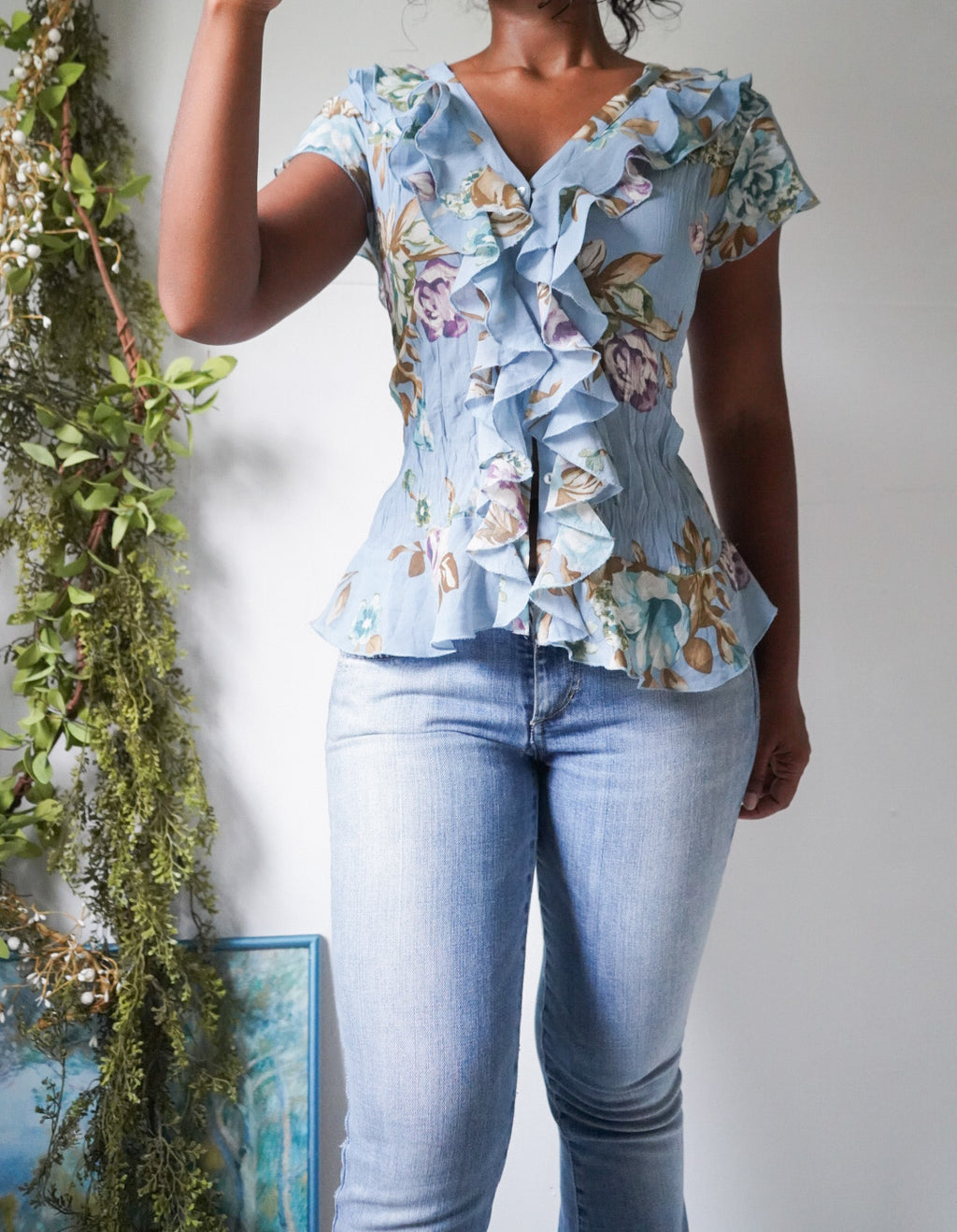 Y2K Romantic Floral Pleat Ruffle Top