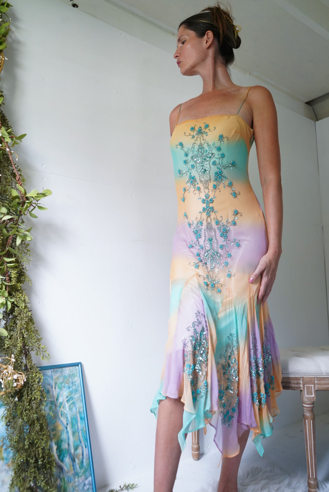 Rare Y2K Silk Fairy Beaded Midi Dress
