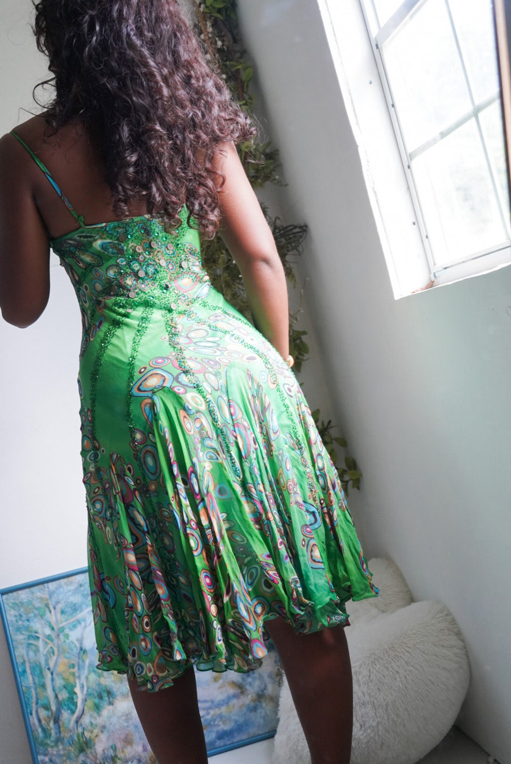 Rare Y2K Kelly Green Abstract Beaded Dress