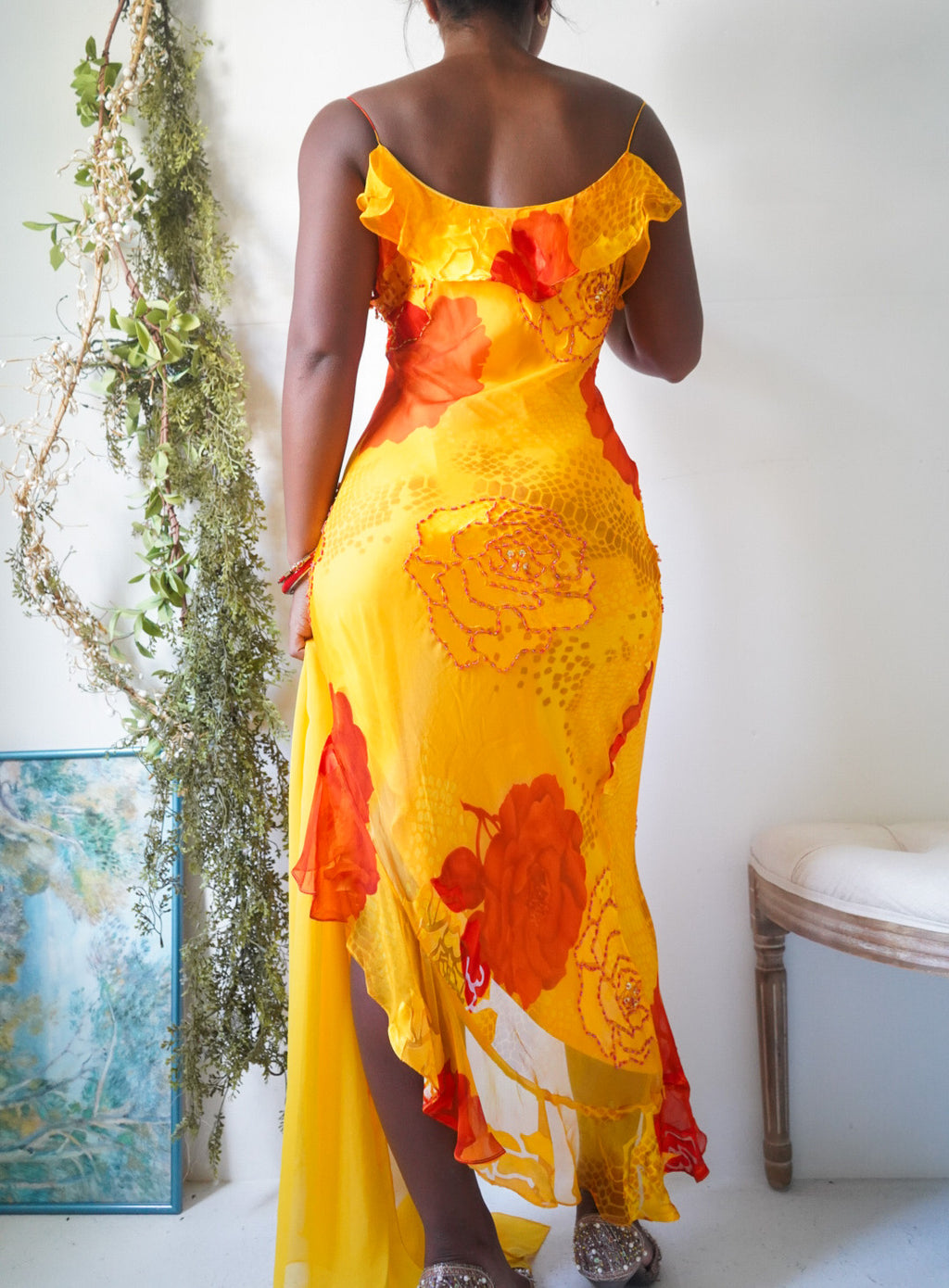Y2K Yellow Burnout Rose Print Silk Dress