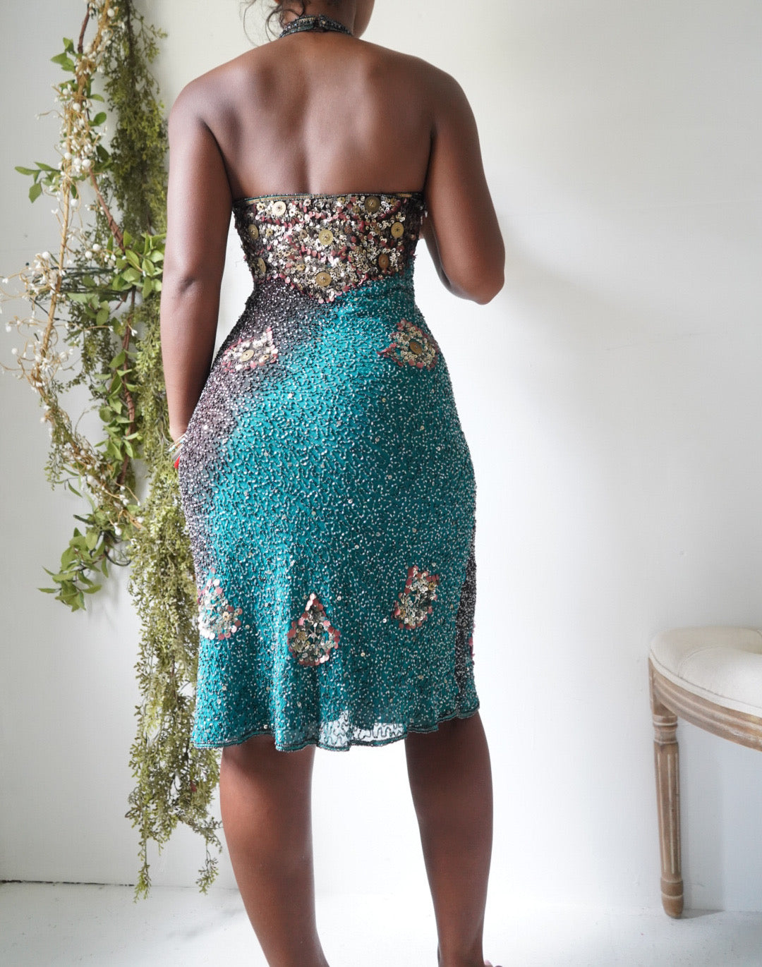Y2K Brown and Teal Fully Beaded Halter Silk Dress