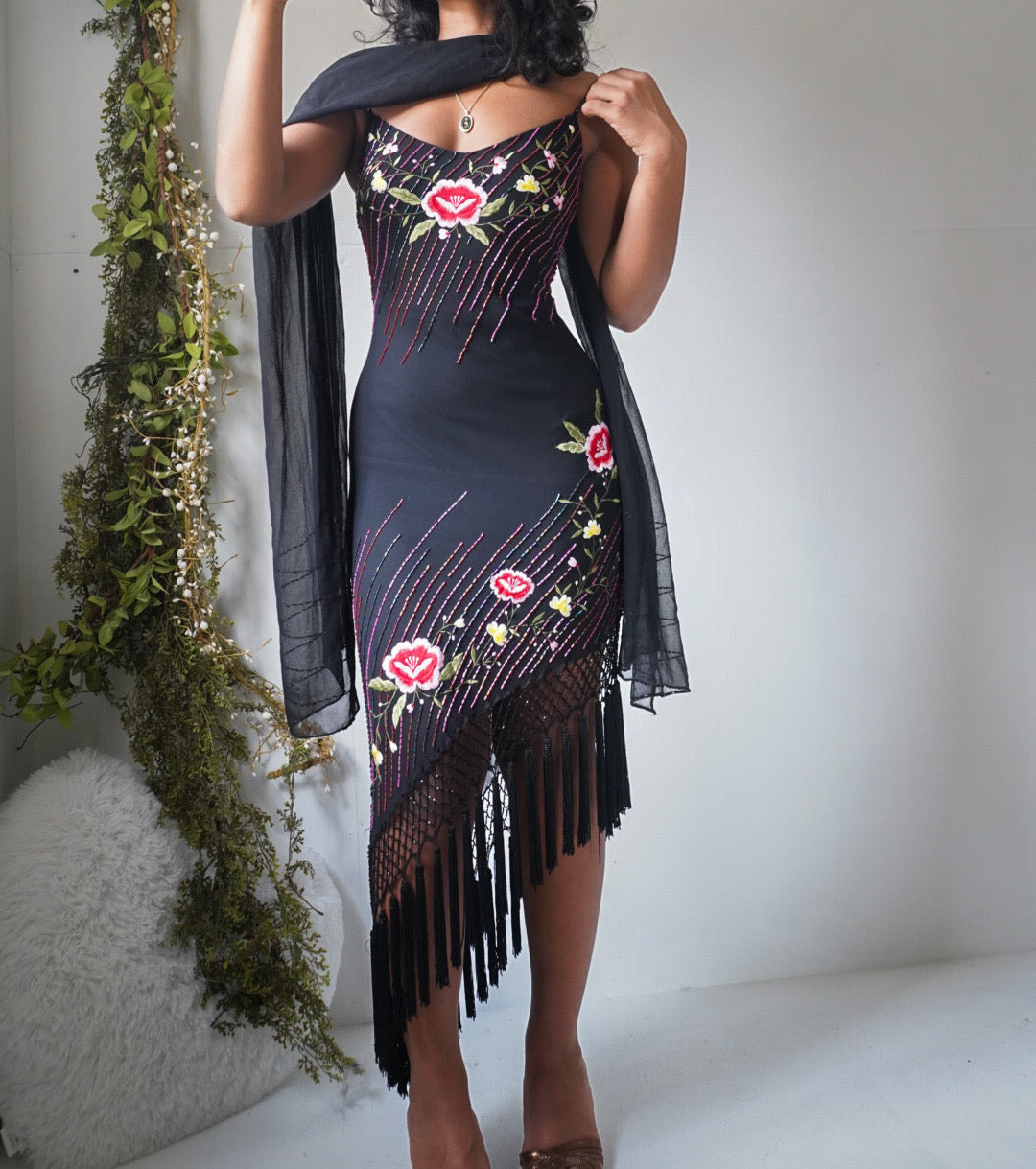 Rare Vintage Y2K Beaded Silk Fringe Hem Dress