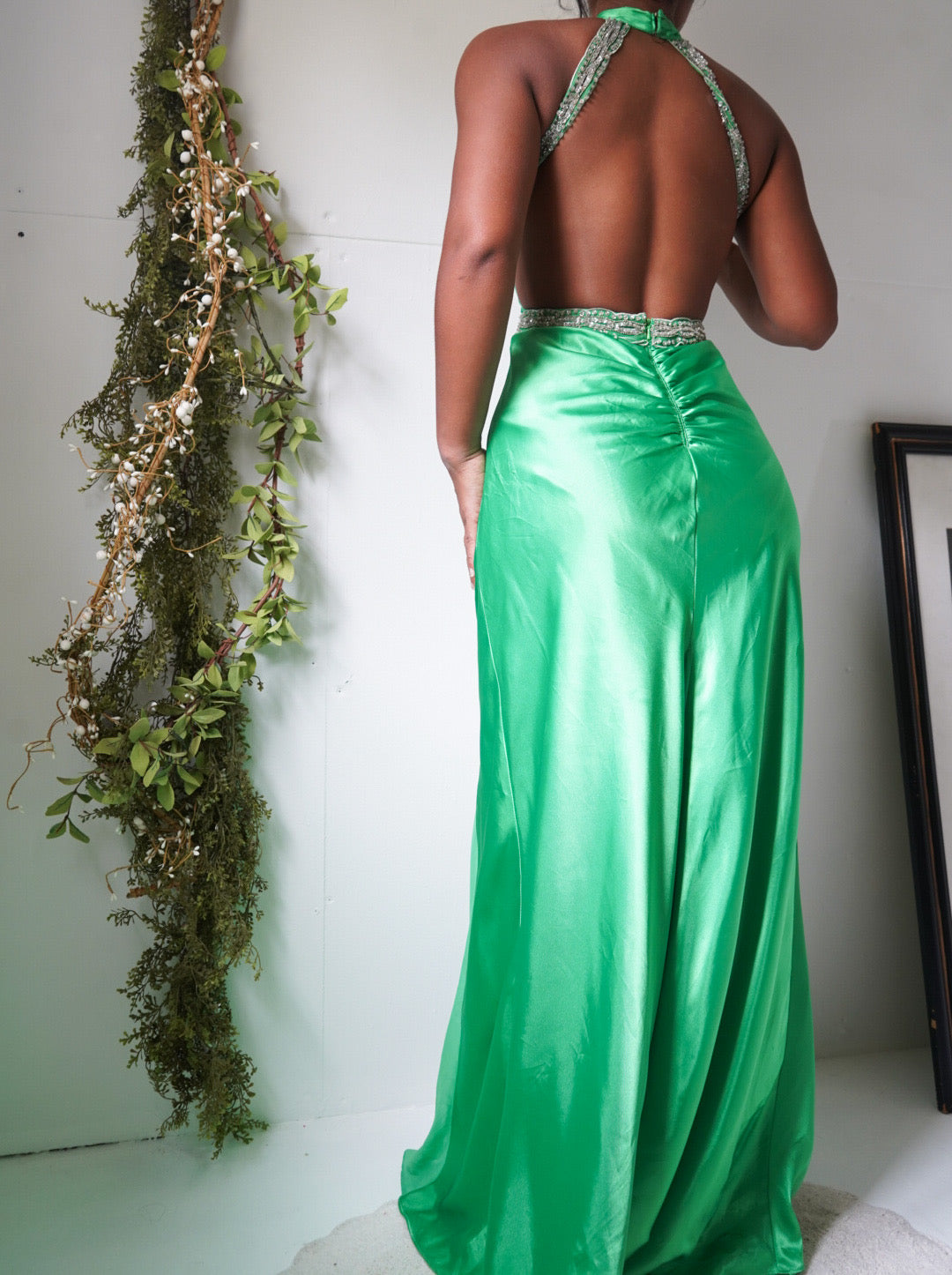 Green Satin Jewel Detail Halter Gown