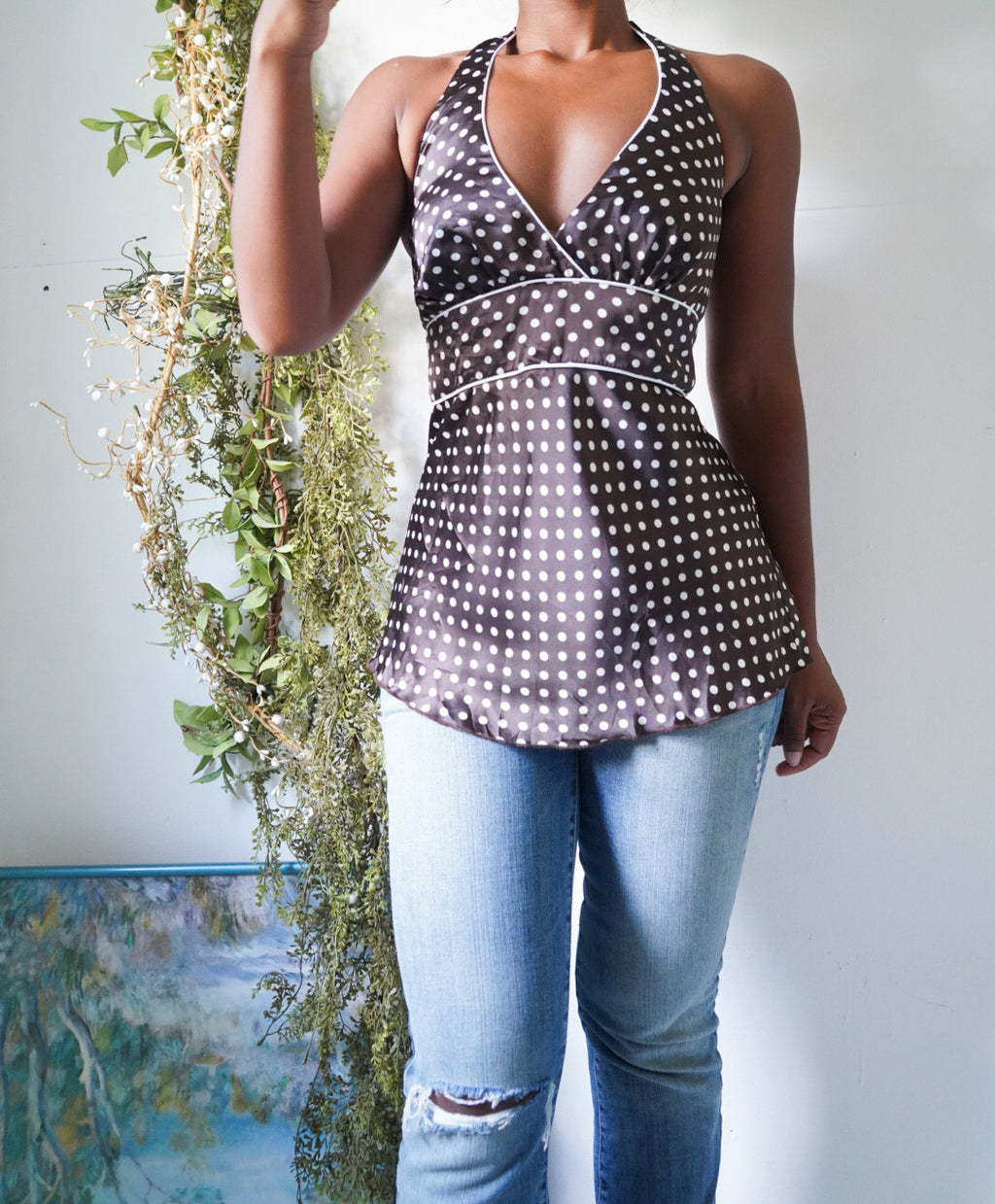 Y2K Brown and White Polka Dot Satin Halter Top