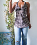 Y2K Brown and White Polka Dot Satin Halter Top