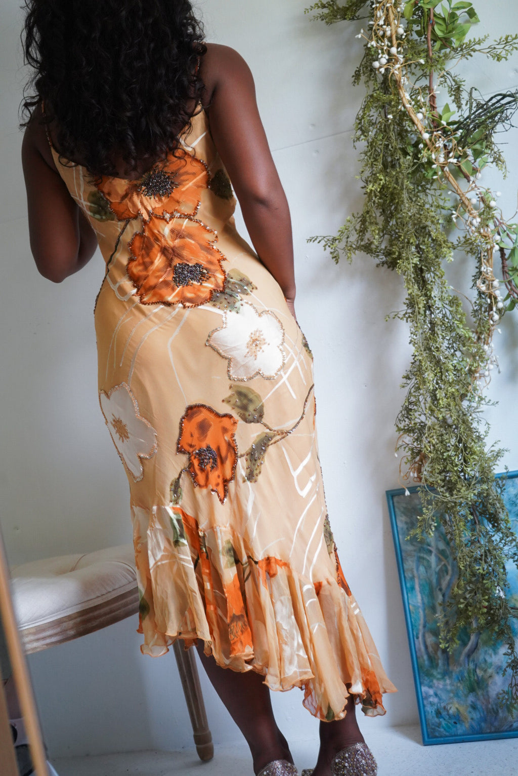 Rare Y2K Tan Floral Devore Beaded Silk Dress