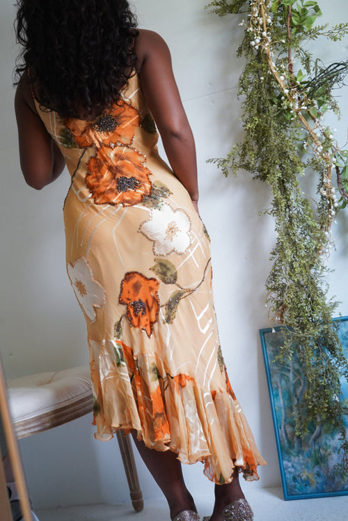 Rare Y2K Tan Floral Devore Beaded Silk Dress