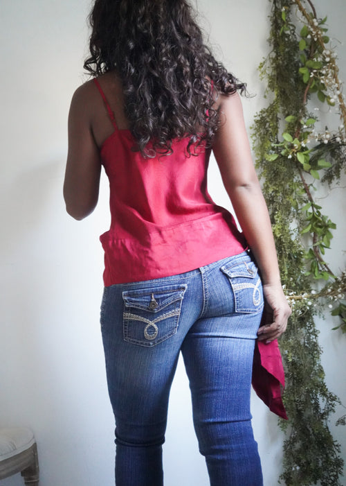 Y2K Red Silk Boho Tie Hem Cami