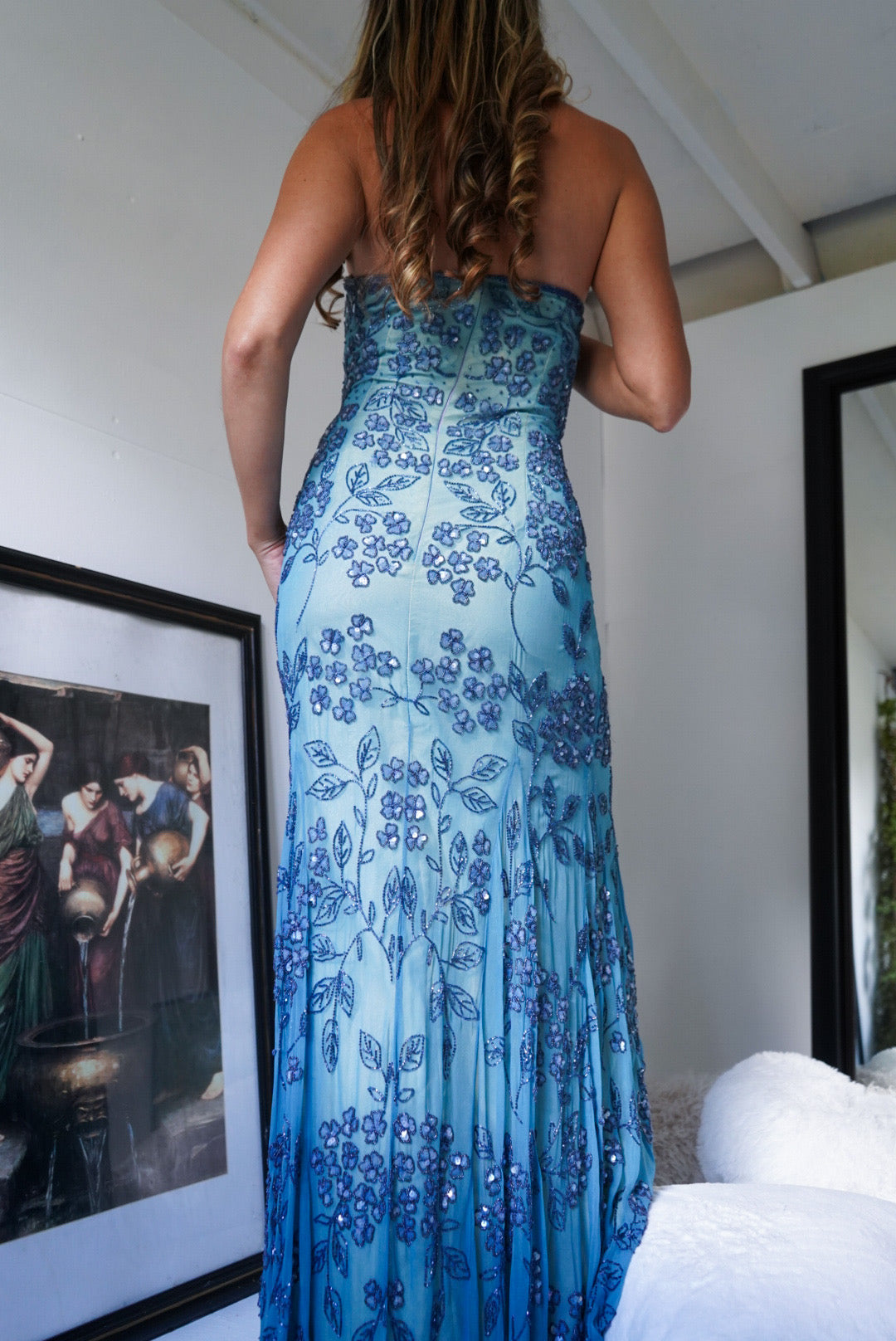 Vintage Silk Beaded Blue and Yellow Layered Gown