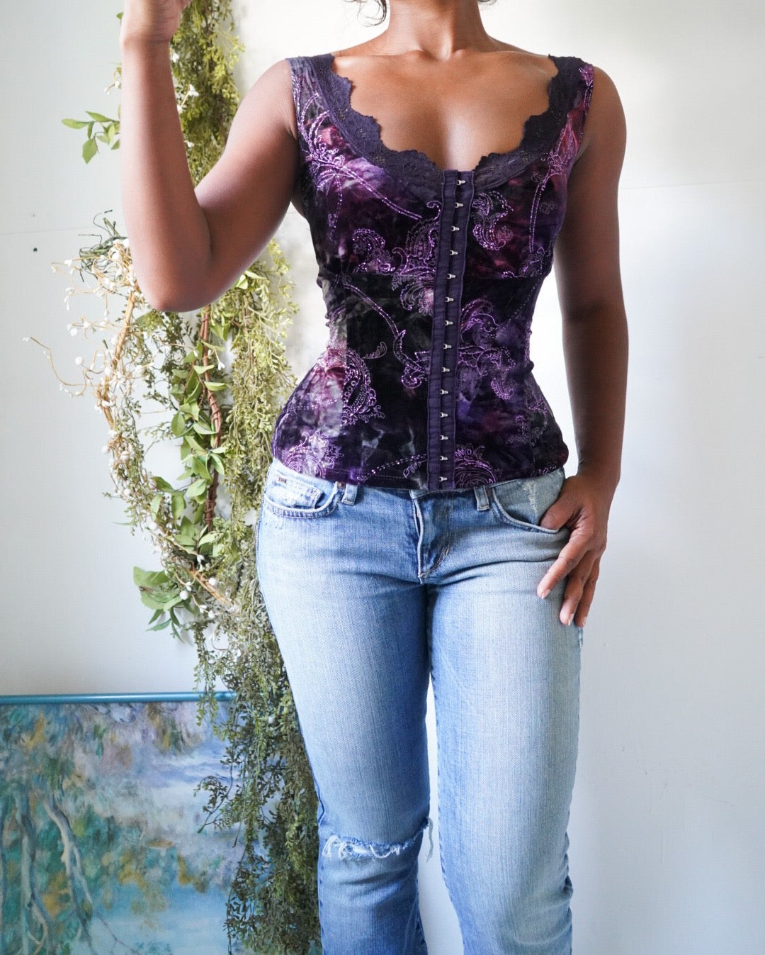 Y2K Purple Velvet Paisley Bustier Tank