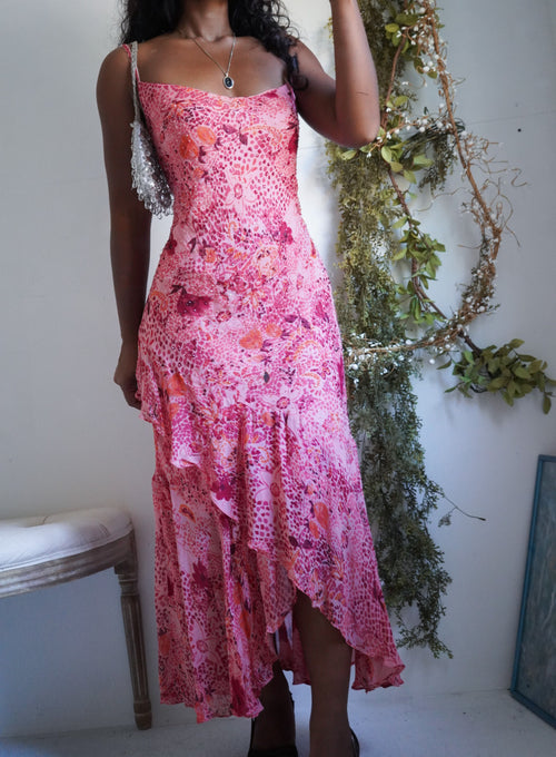 Y2K Coral and Pink Abstract Floral Beaded Ruffle Hem Dress