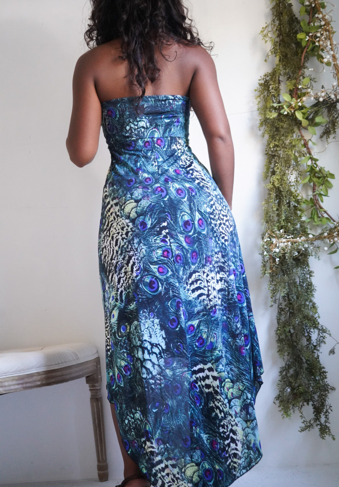 Y2K Peacock Strapless Boho Dress