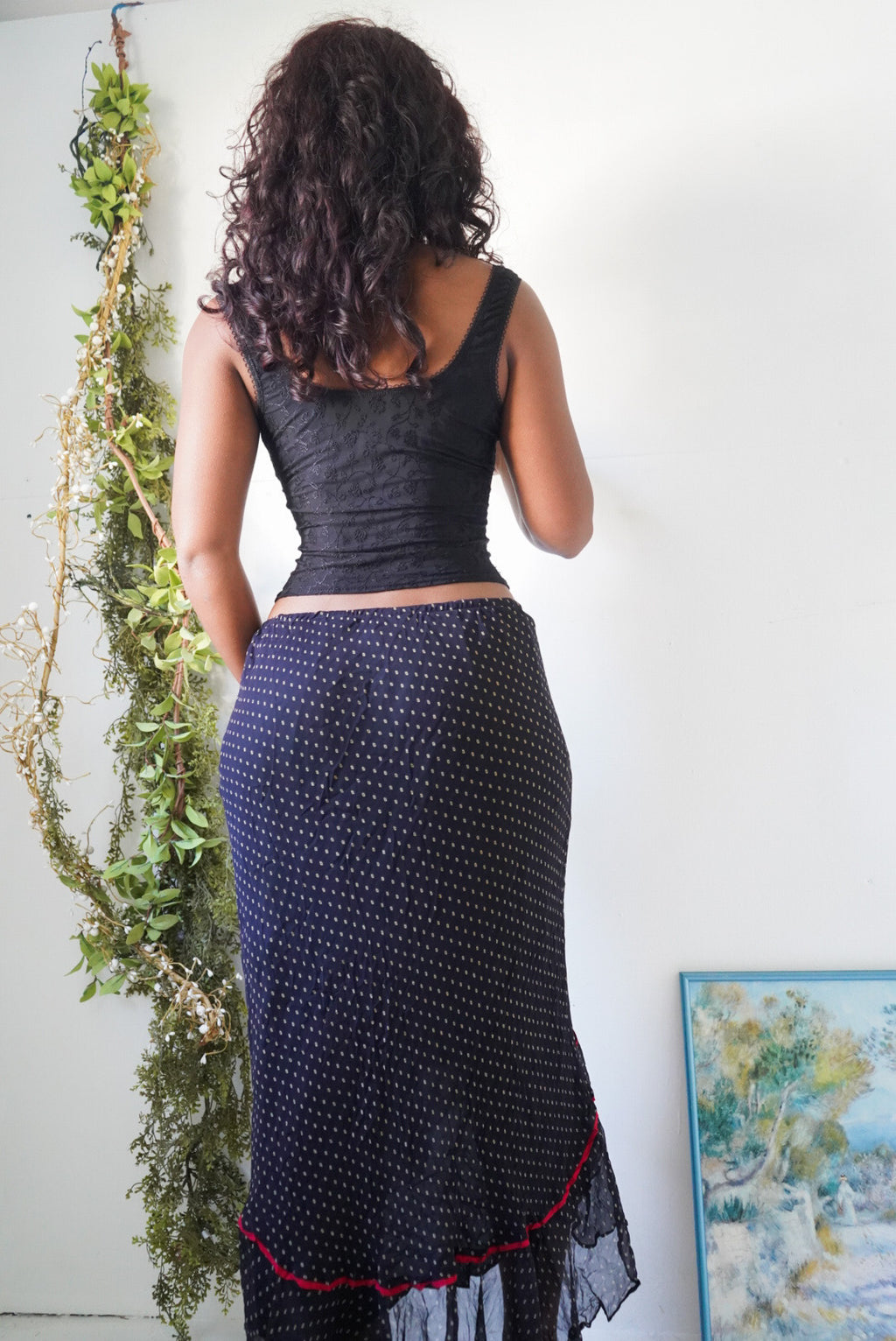 Y2K Silk Dot Ruffle Hem Skirt