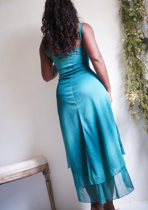 Y2K Teal Glitter Gradient Midi Dress