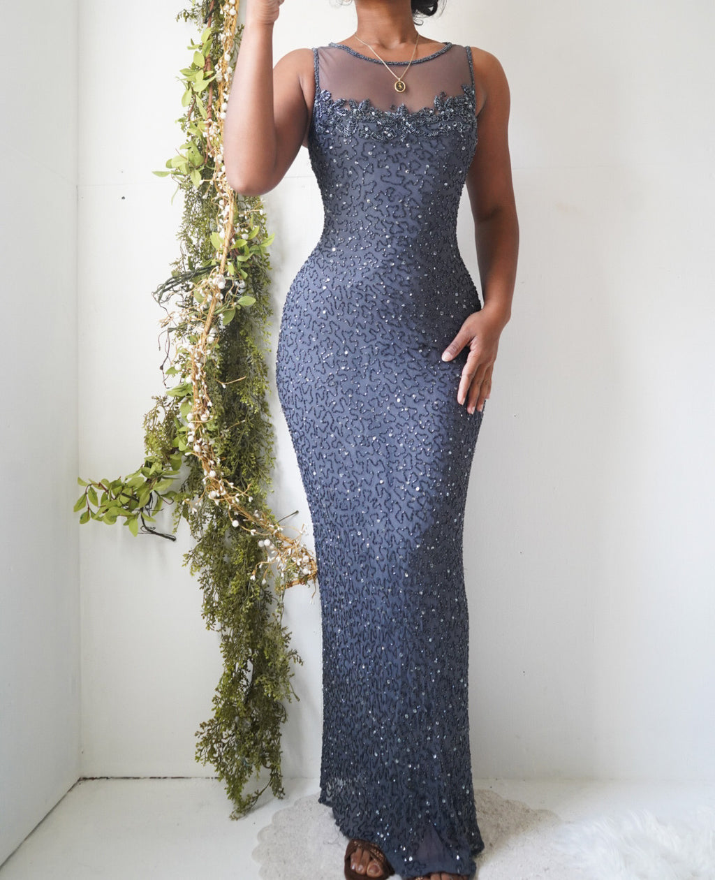 Vintage Y2K Fully Beaded Illusion Neckline Gown