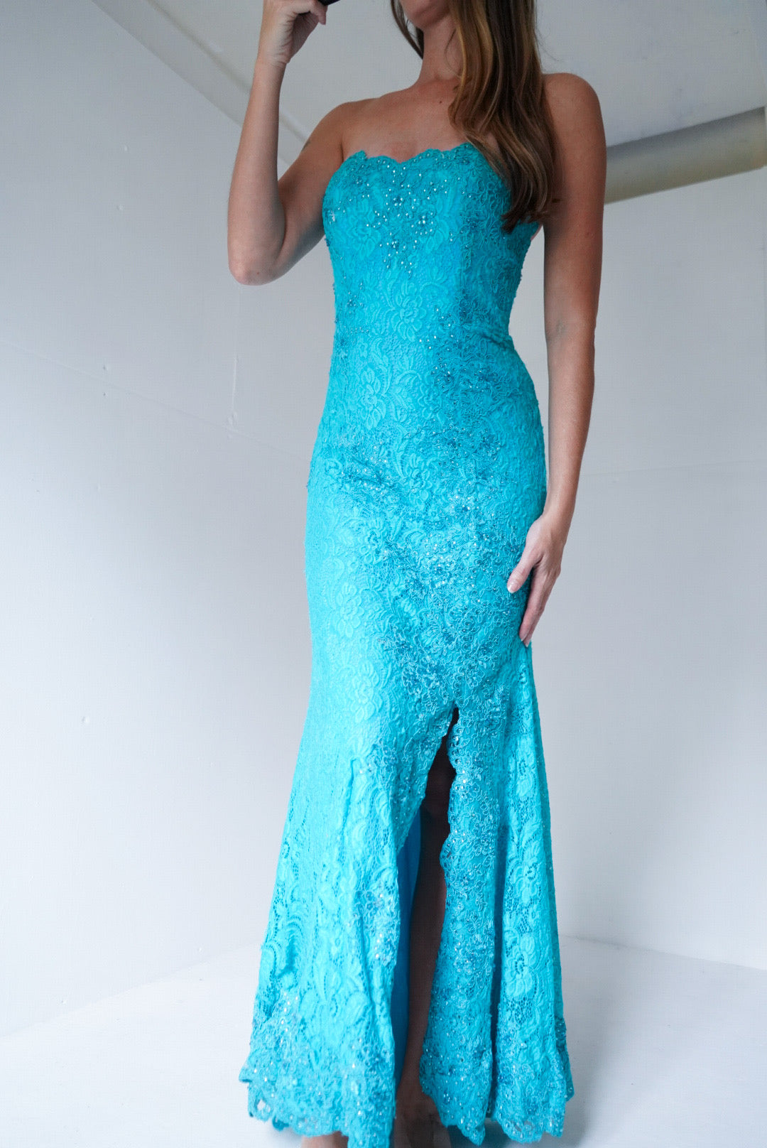 Y2k Turquoise Lace Strapless Gown