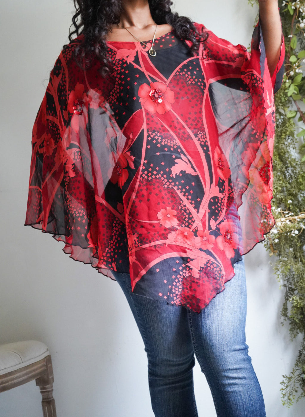 Y2K Silk Printed Poncho Top