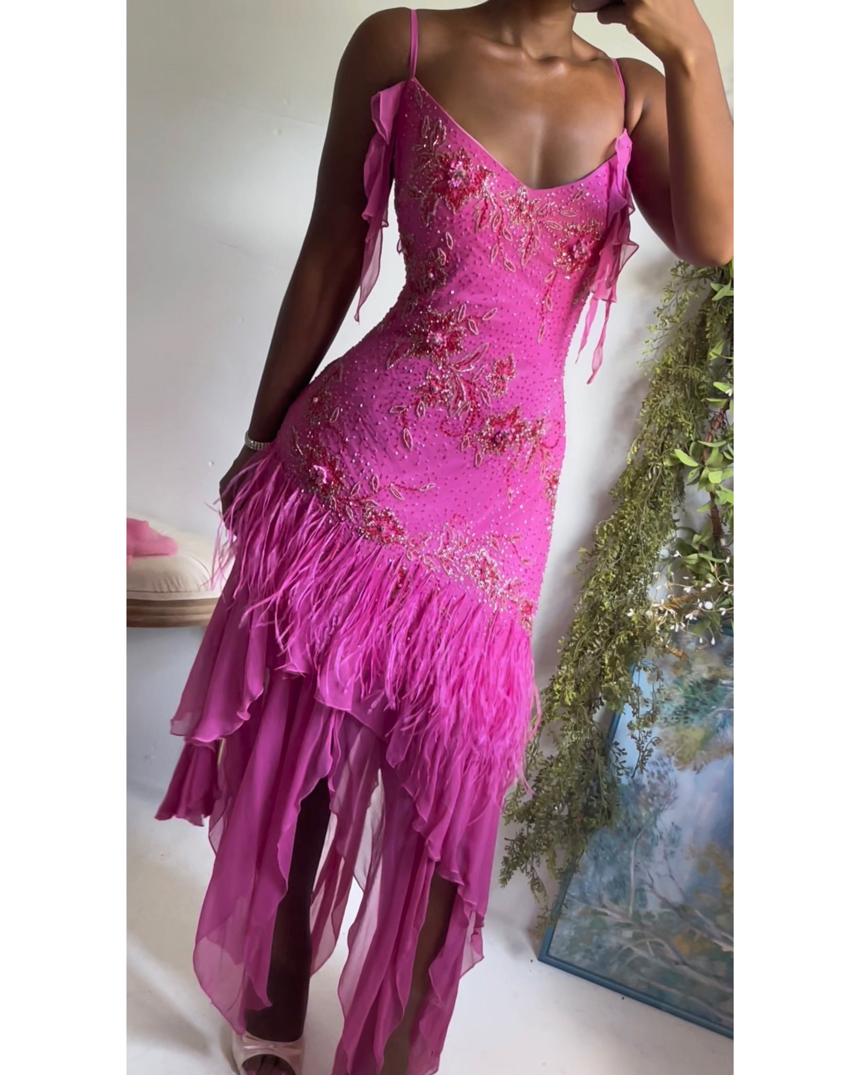 Rare Y2K Pink Beaded Silk And Feather Fairy Dress