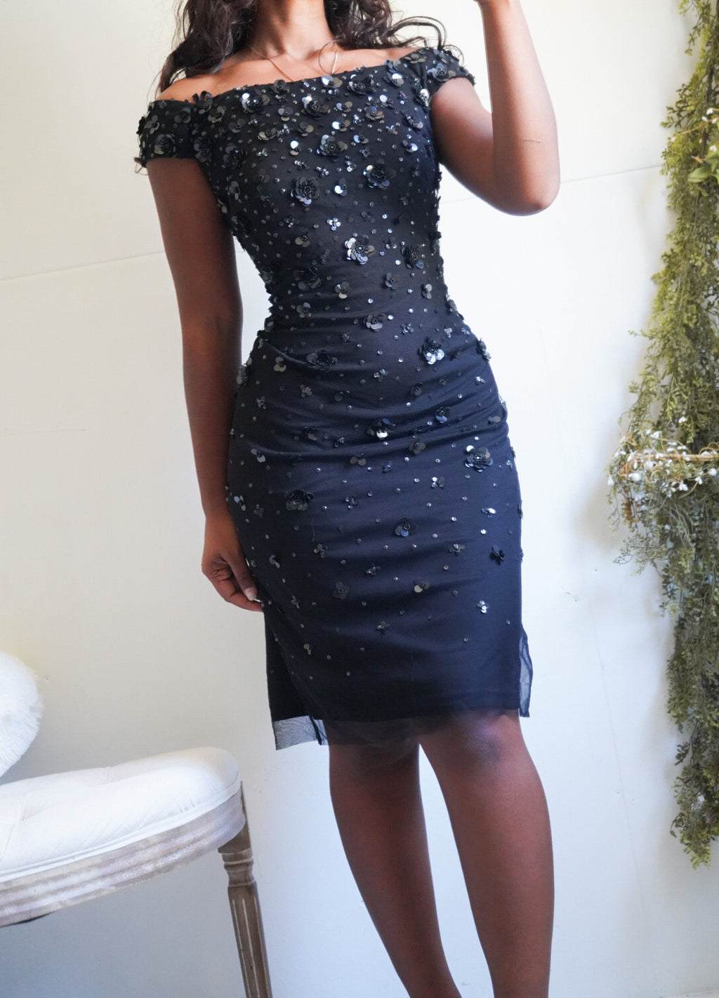 Y2K Black Sequin Off The Shoulder Dress