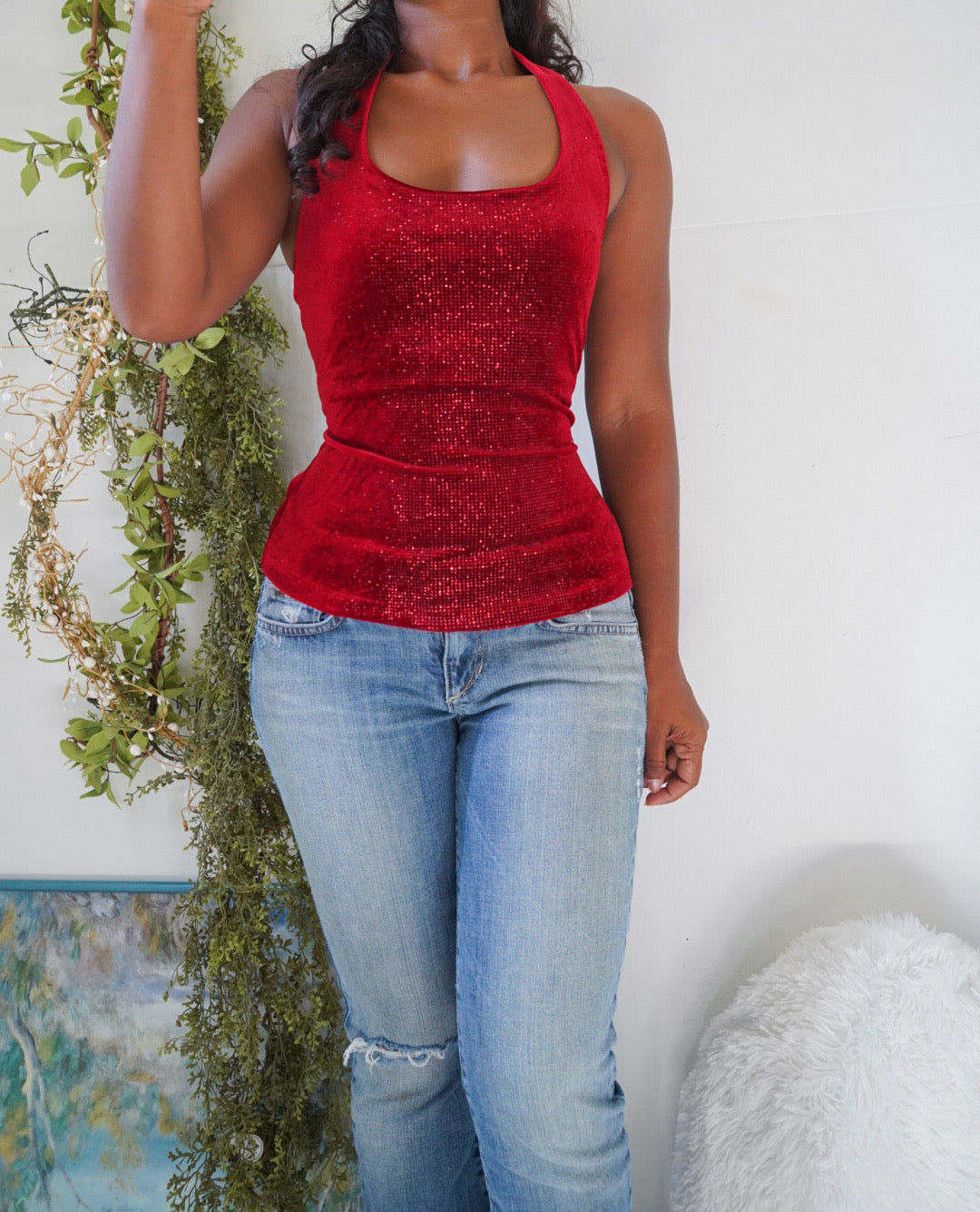 Y2K Red Glitter Halter Velvet Top