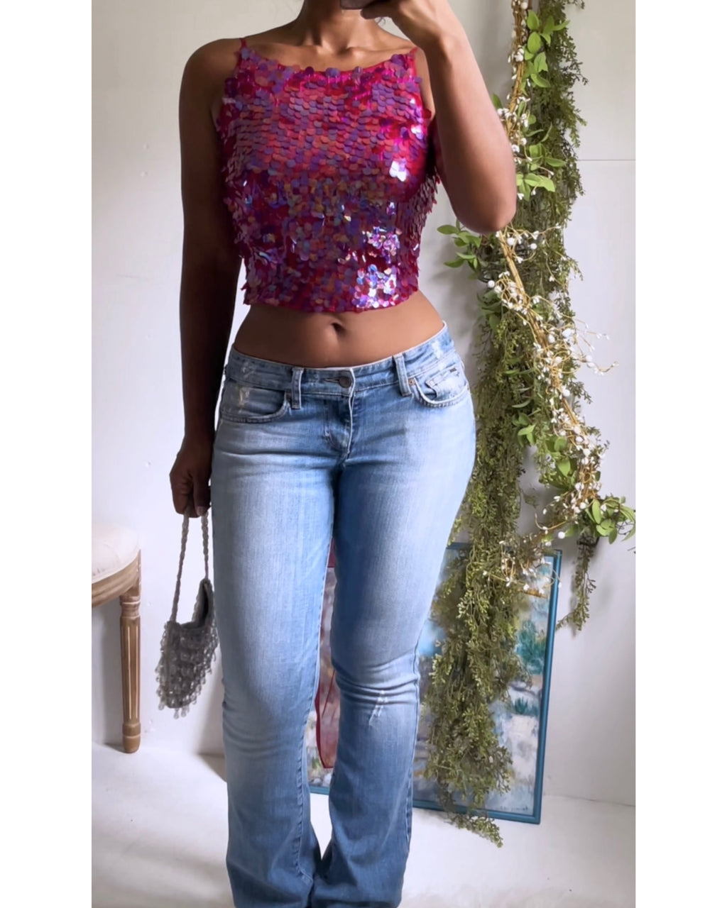 Y2K Fuchsia Sequin Tie Back Top