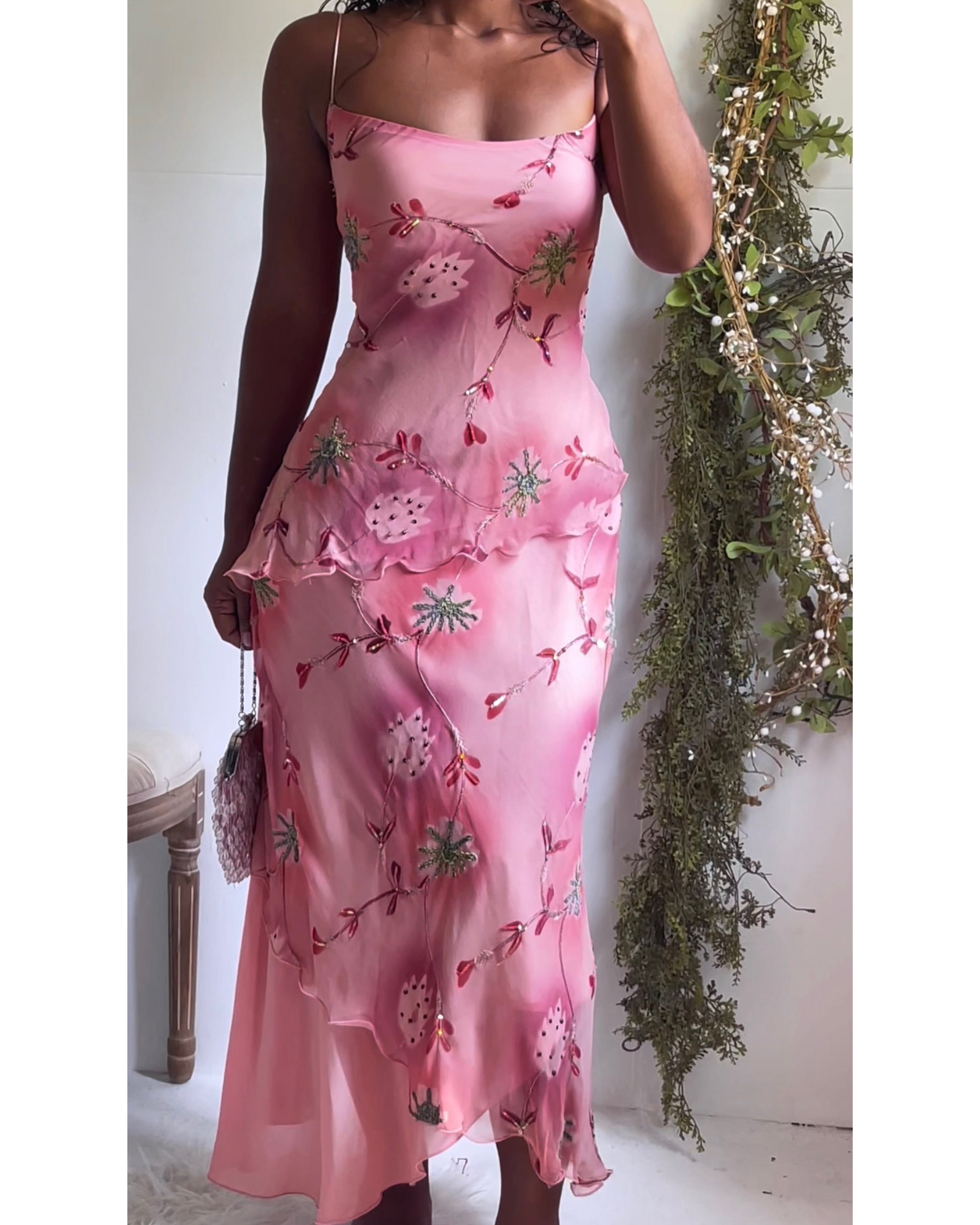 Y2K Peachy Pink Floral Fairy Silk Dress