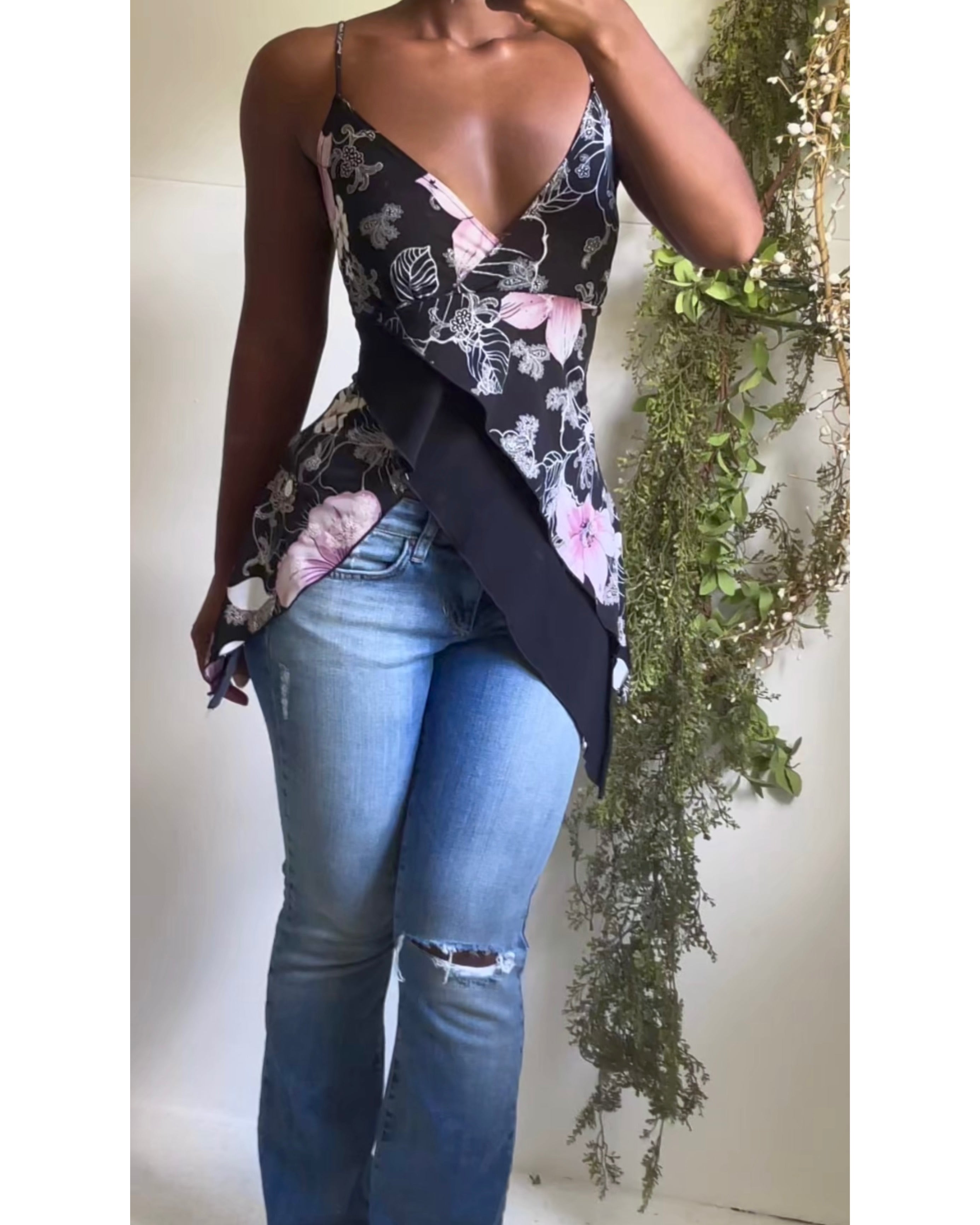 Y2K Pink and Black Floral Fairy Cami